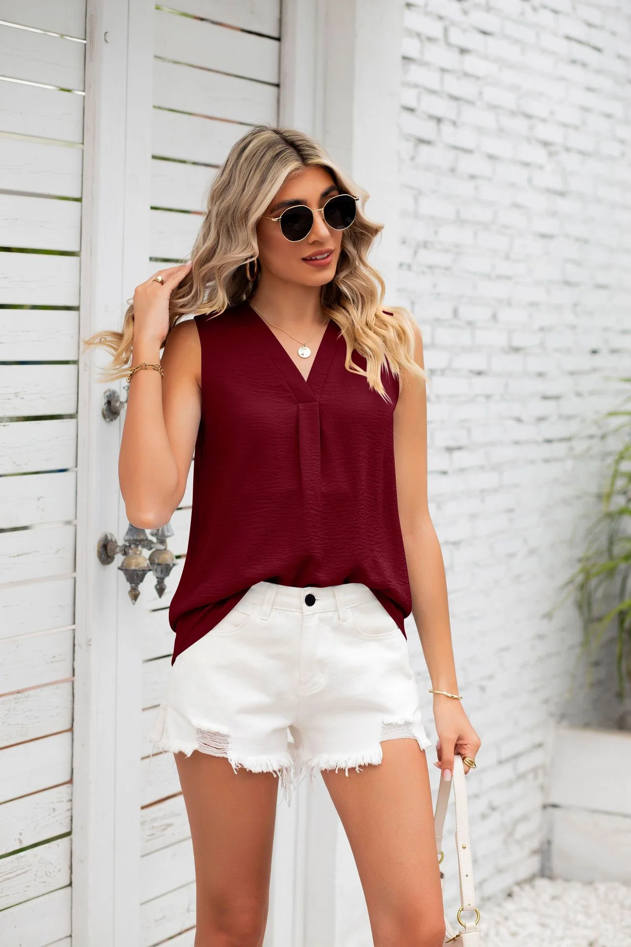 Maroon Sleeveless V Neck Solid Top - Image 3