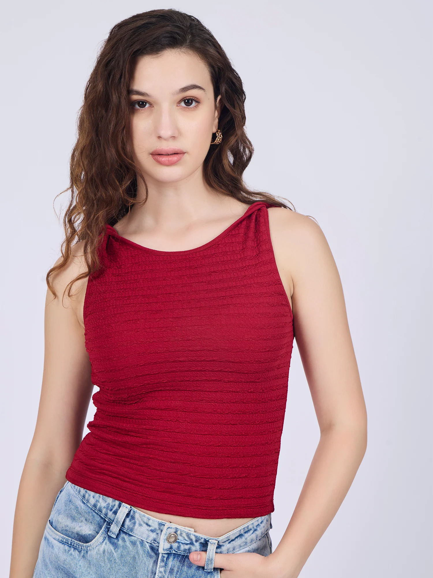Maroon Textured Knit Halter Neck Tank Top - Image 5