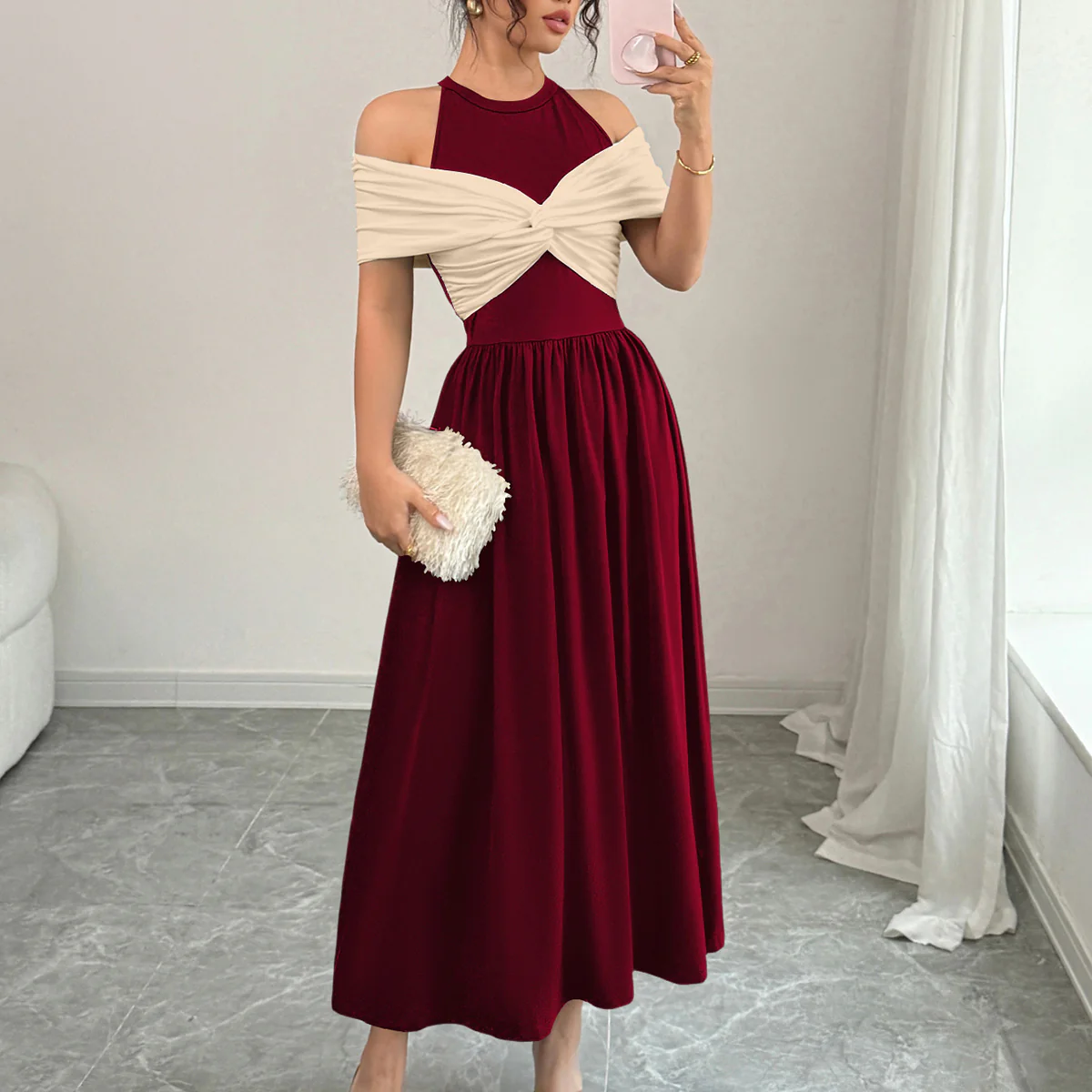 Maroon Twisted Contrast Off Shoulder Dress - Image 4
