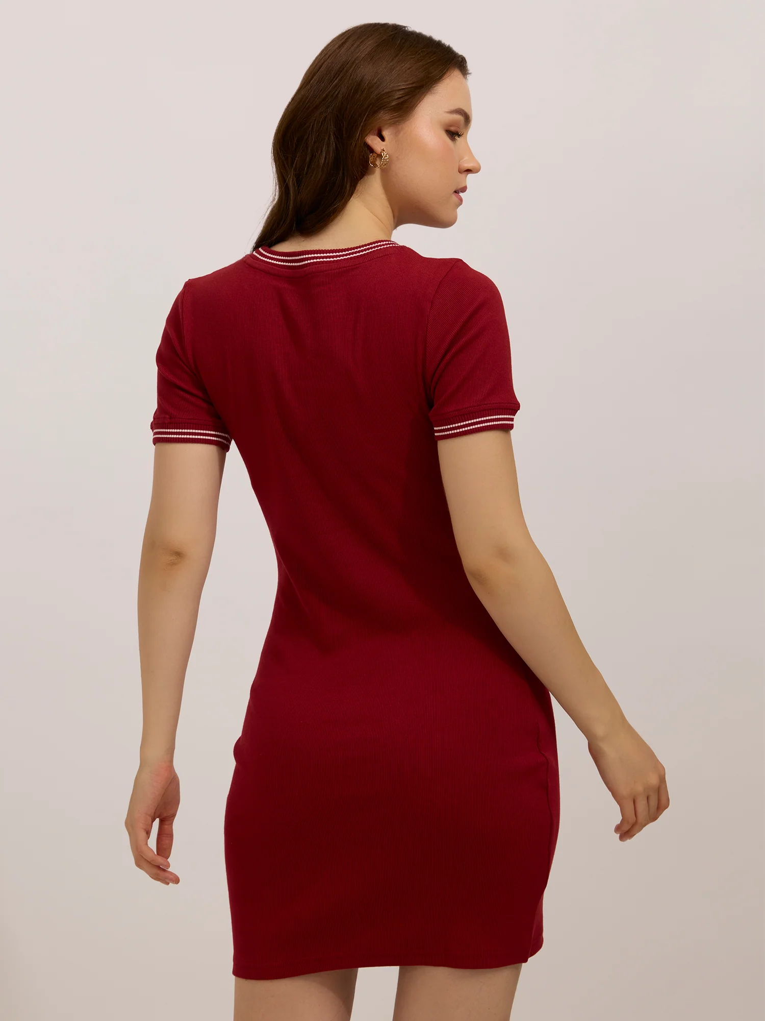 Maroon Varsity Ribbed Bodycon Dress - Image 2
