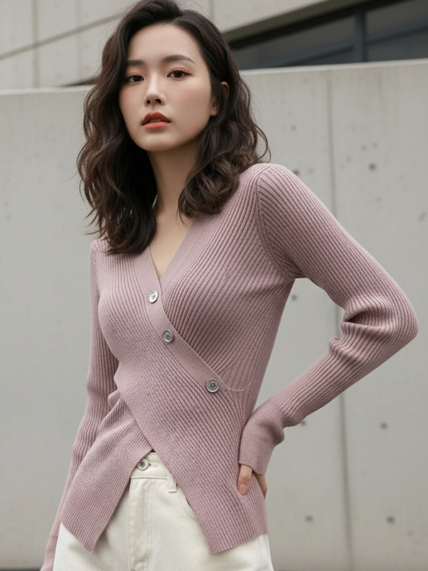 Mauve Full Sleeve Wrap Asymmetrical Hem Top - Image 2