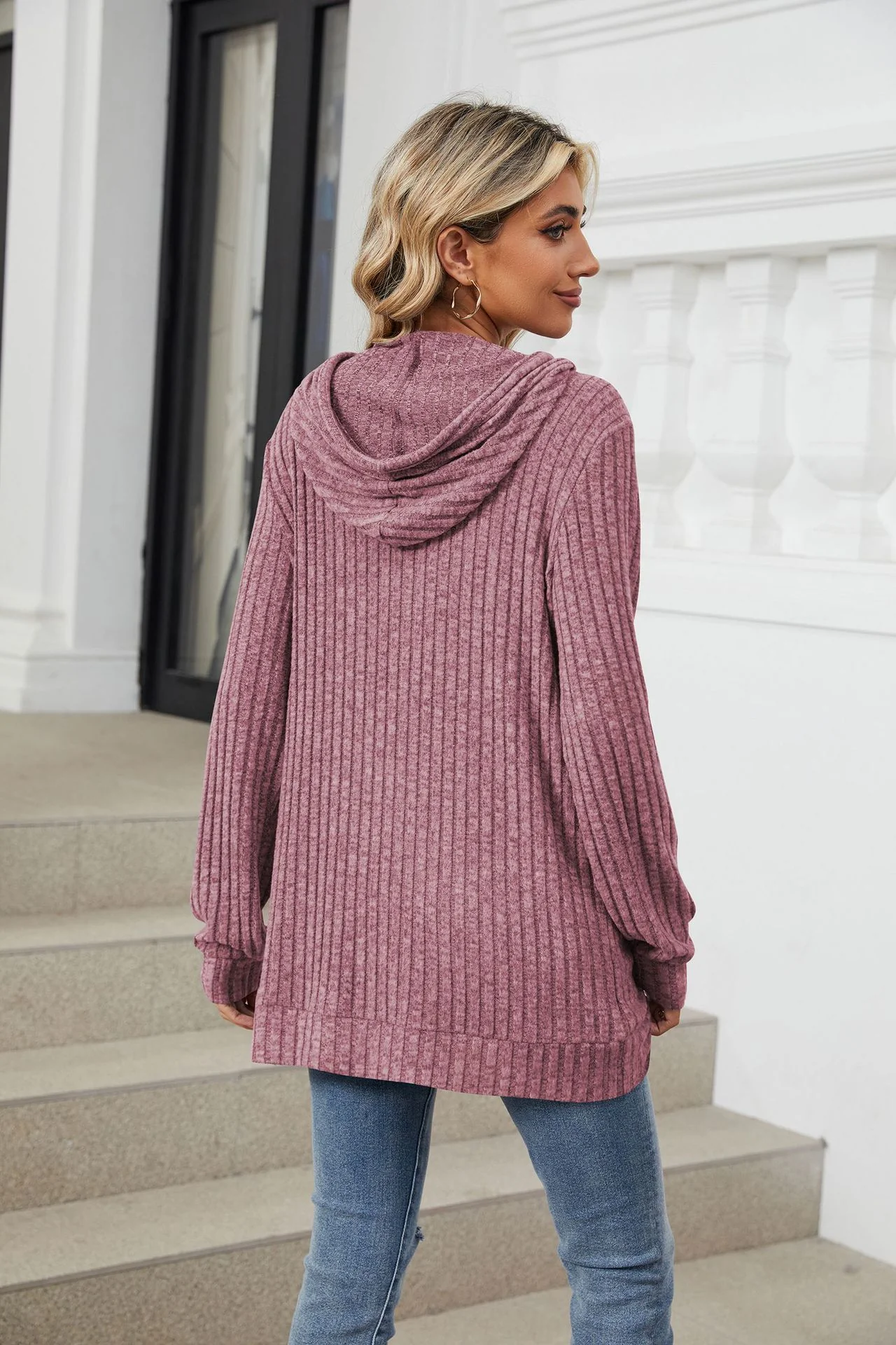 Mauve Full Sleeves Solid Hooded Top - Image 2