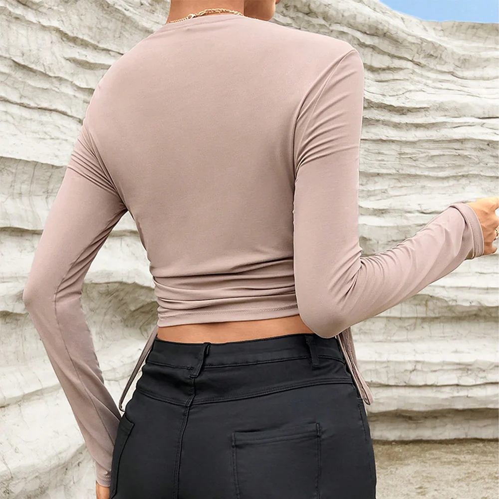 Mauve Ide Neck Top With Side Ruching Tie Up - Image 2