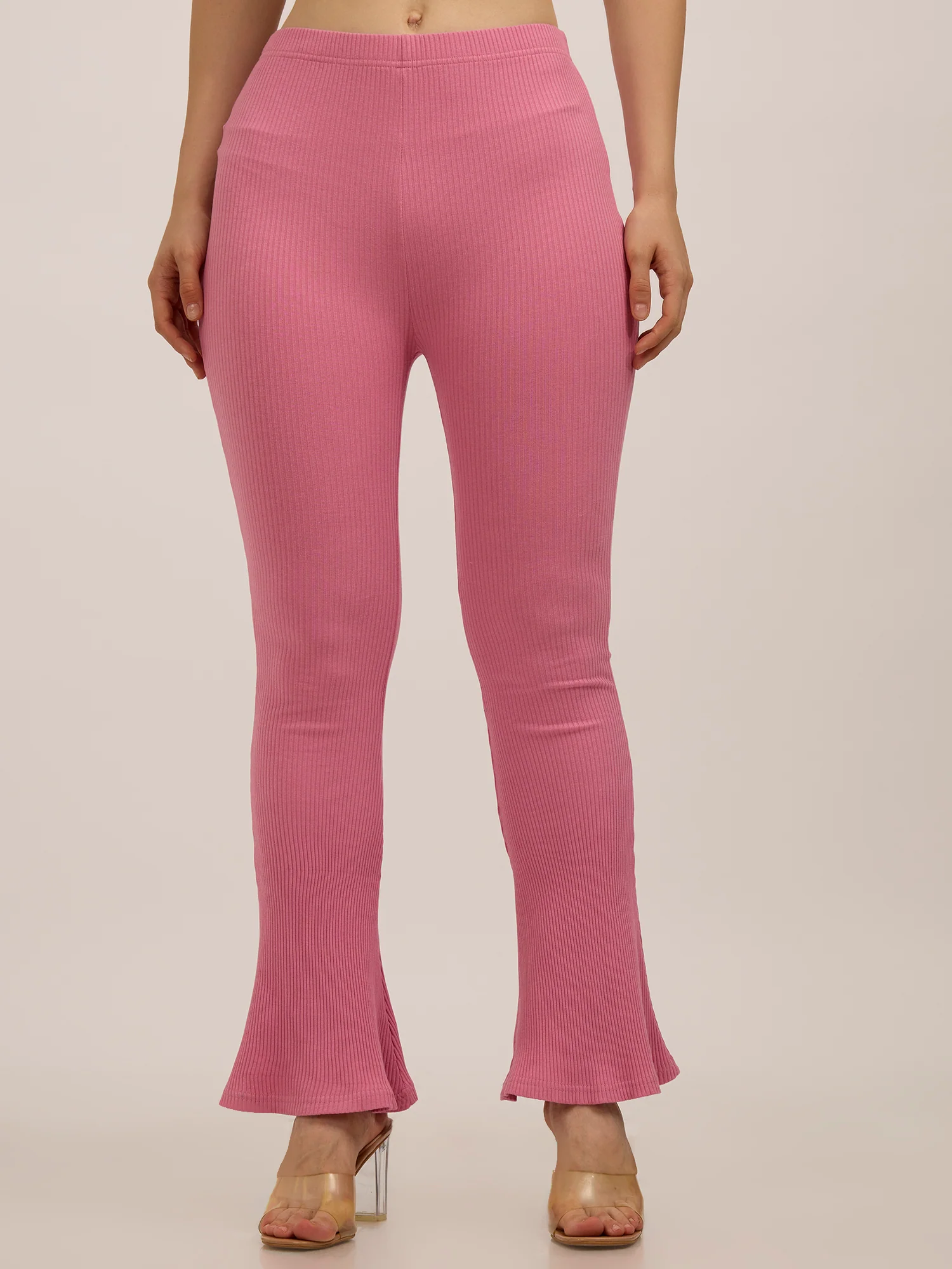 Mauve Ribbed Basic Flared Leggings - Image 5