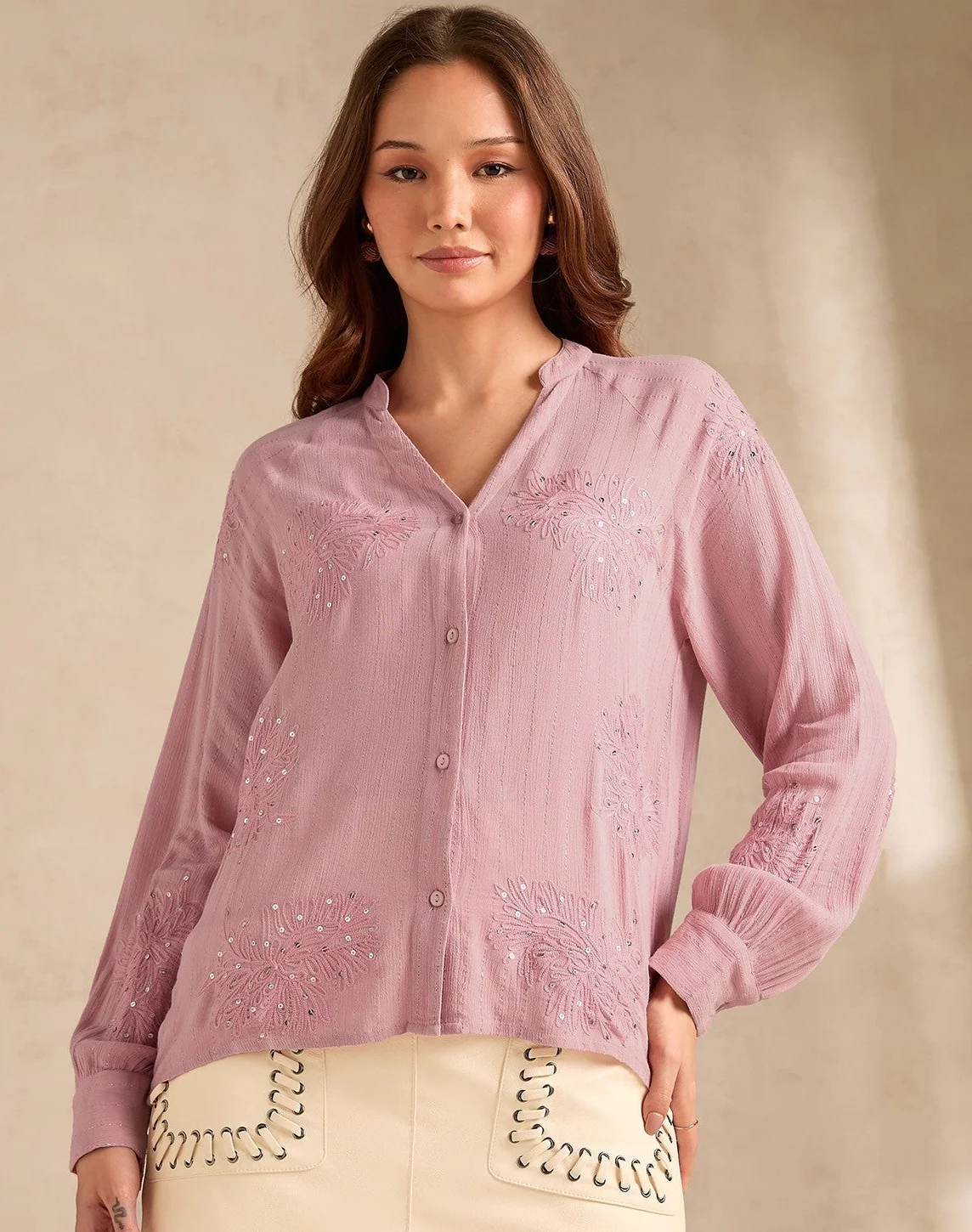 Mauve V-Neck Embroidered Long Sleeve Shirt With Embroidery - Image 3
