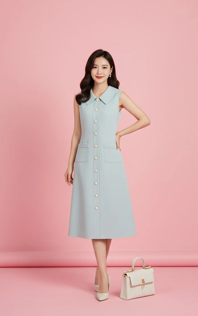 Mint Green Sleeveless Collared Front Buttoned Dress