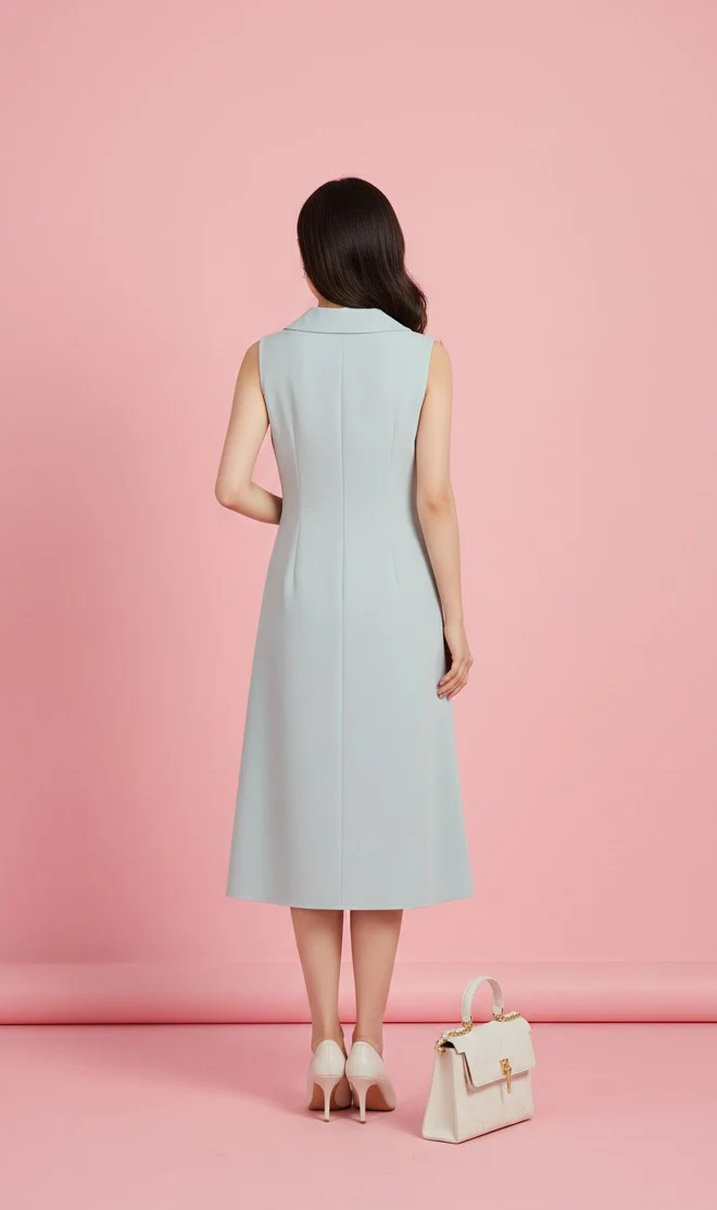 Mint Green Sleeveless Collared Front Buttoned Dress - Image 3