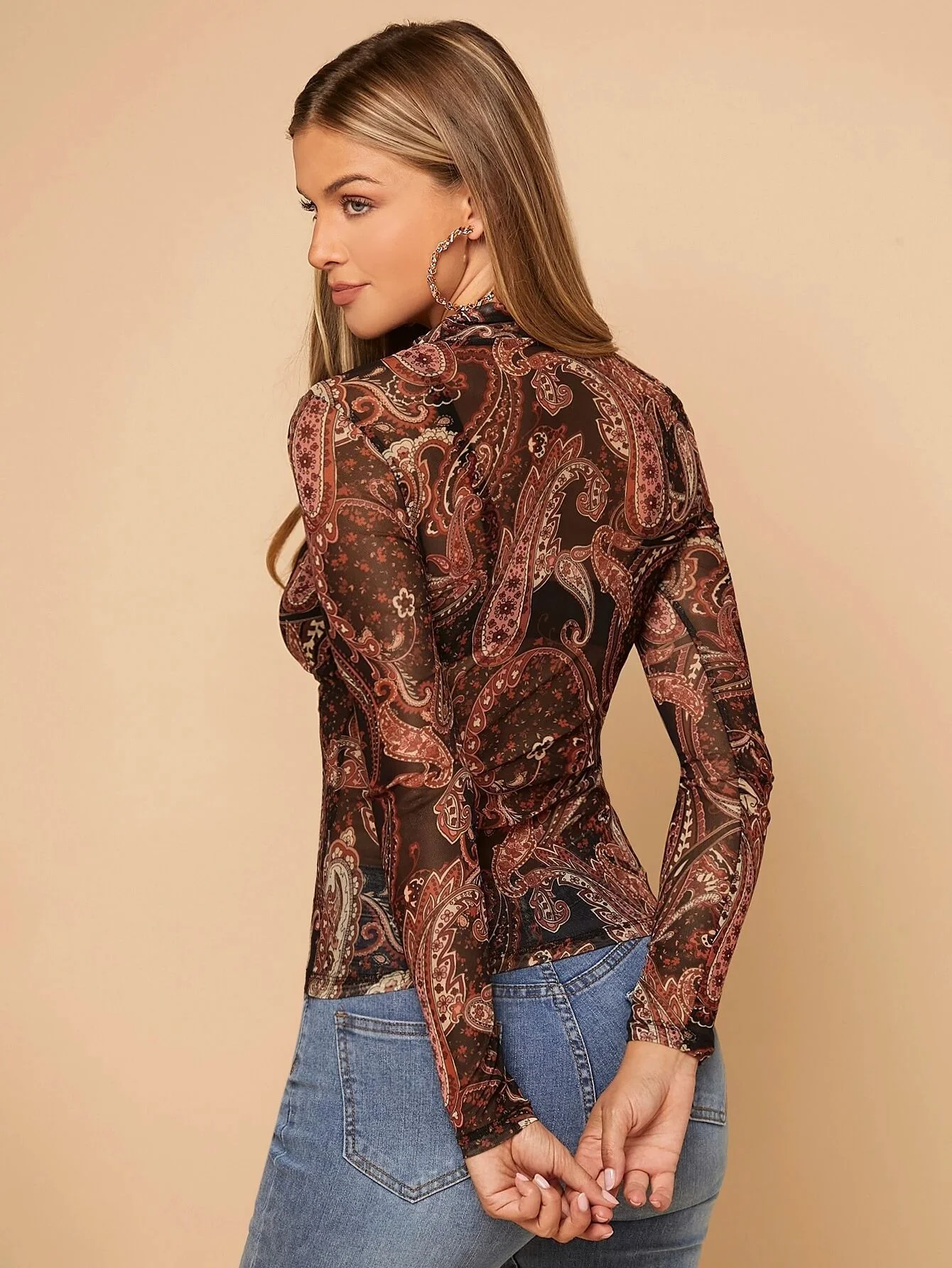 Multi Abstract Print Full Sleeve Semi Sheer Top - Image 2