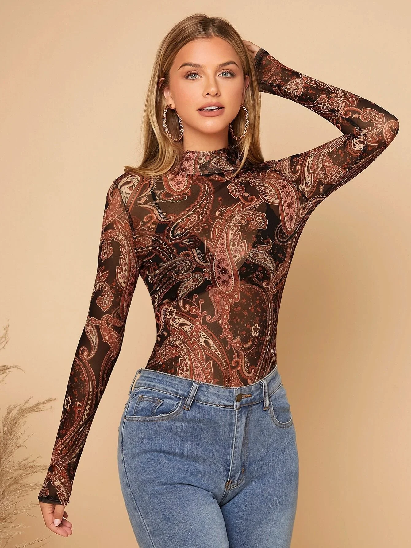 Multi Abstract Print Full Sleeve Semi Sheer Top - Image 4