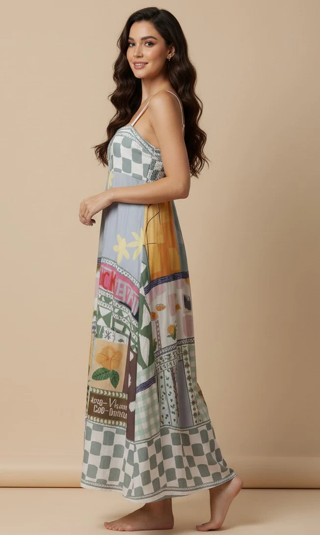 Multi Abstract Print Spaghetti Strap Flared Dress - Image 3