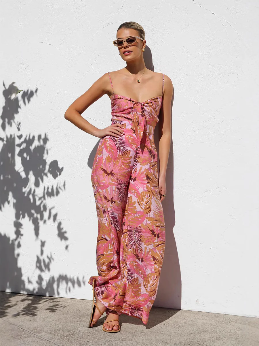 Multi Abstract Printed Spaghetti Strap Front Knot Dress - Image 2