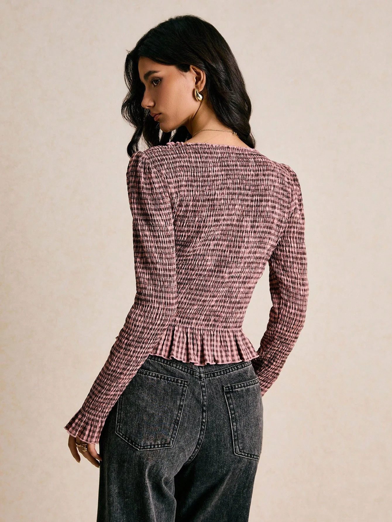 Multi Boat Neck Checkered Smocked Top - Image 2