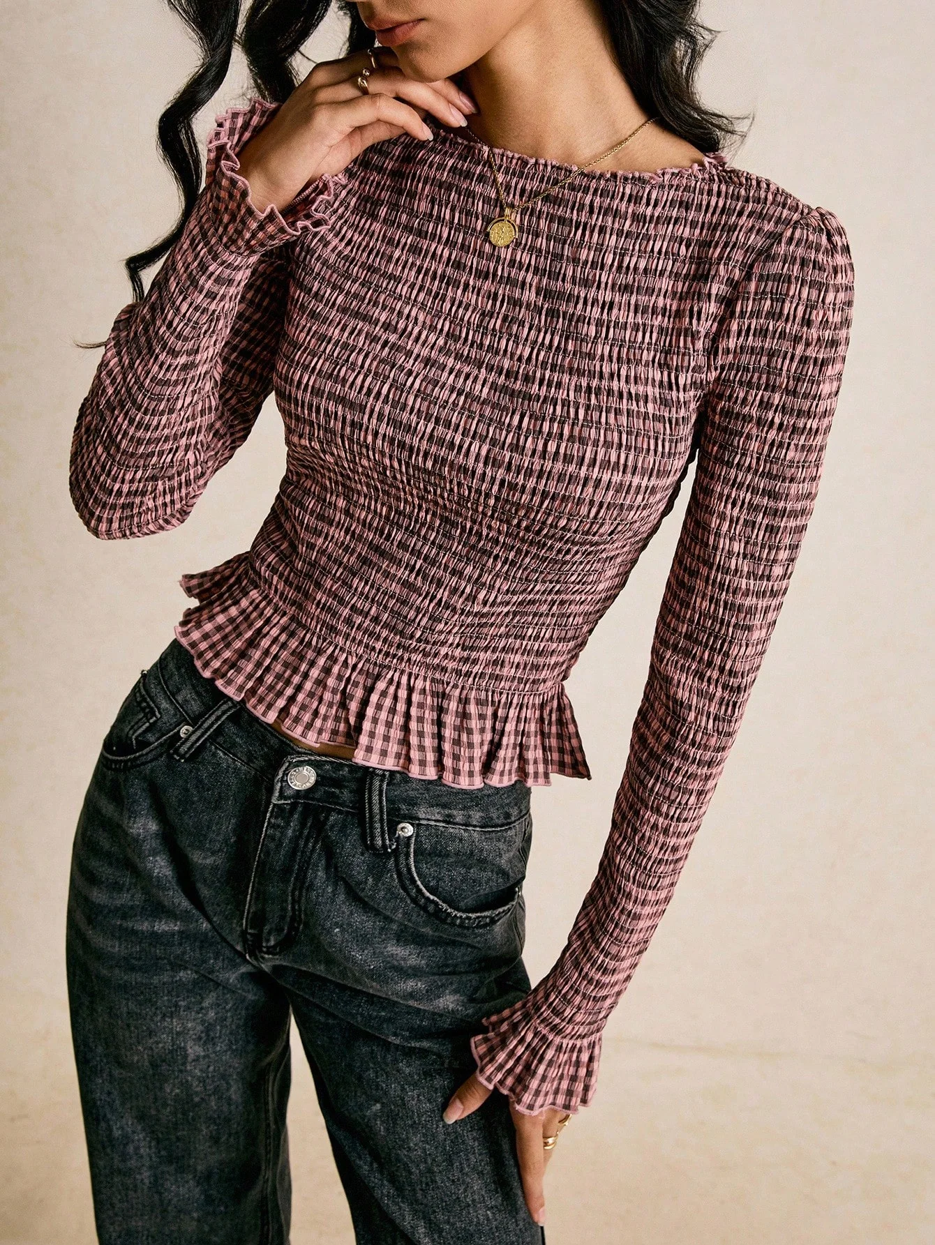 Multi Boat Neck Checkered Smocked Top - Image 5