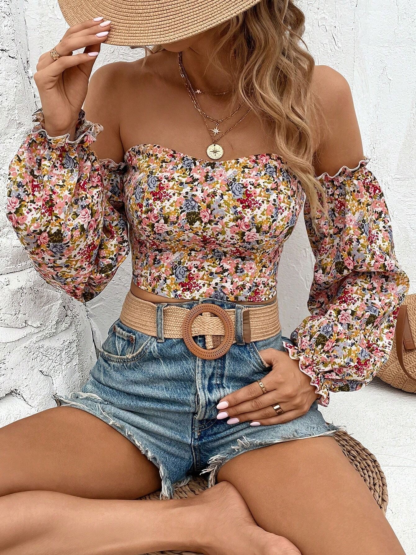 Multi Ditsy Print Off Shoulder Top - Image 2
