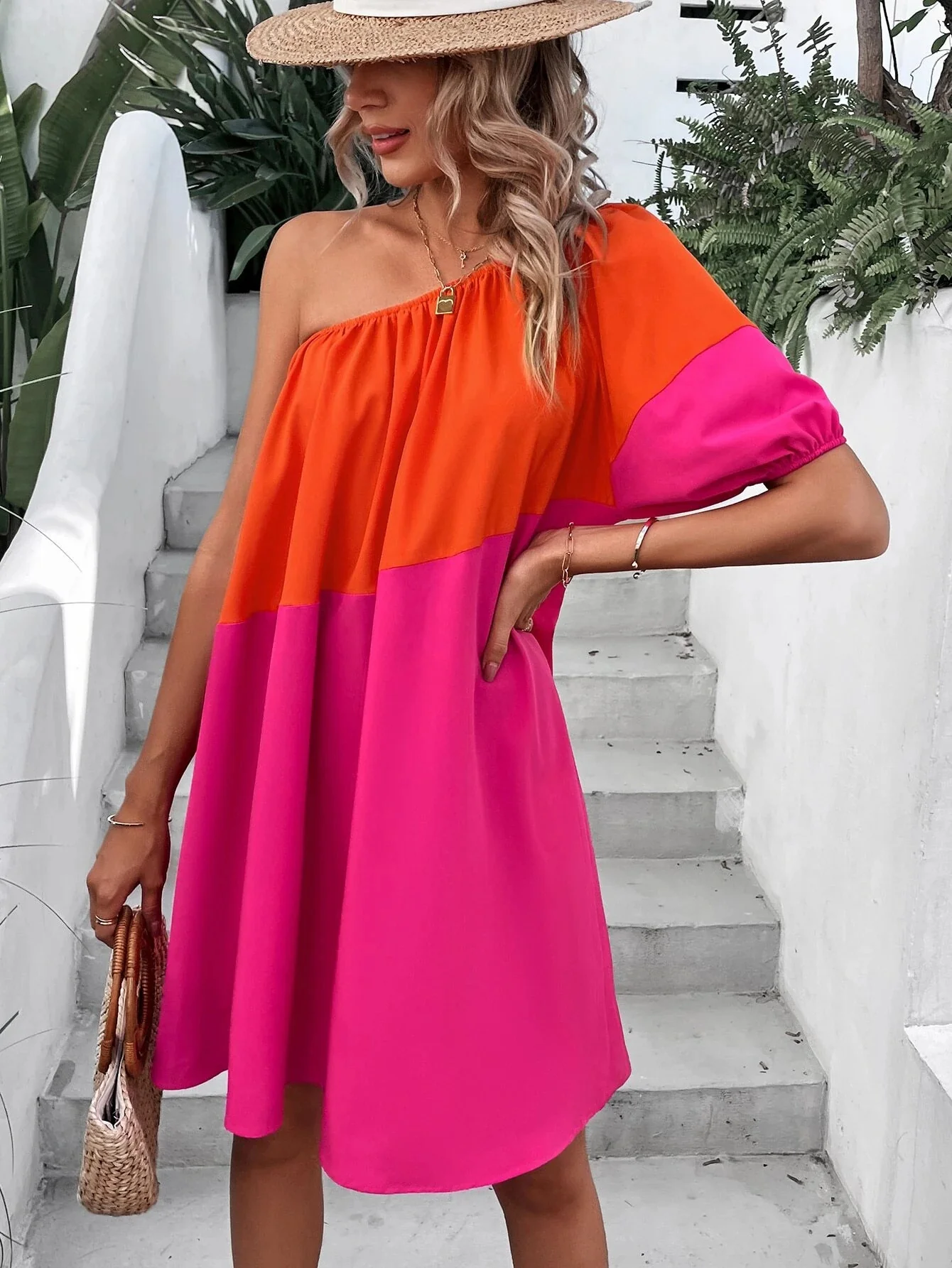 Multi Dual Toned One Shoulder Shift Dress