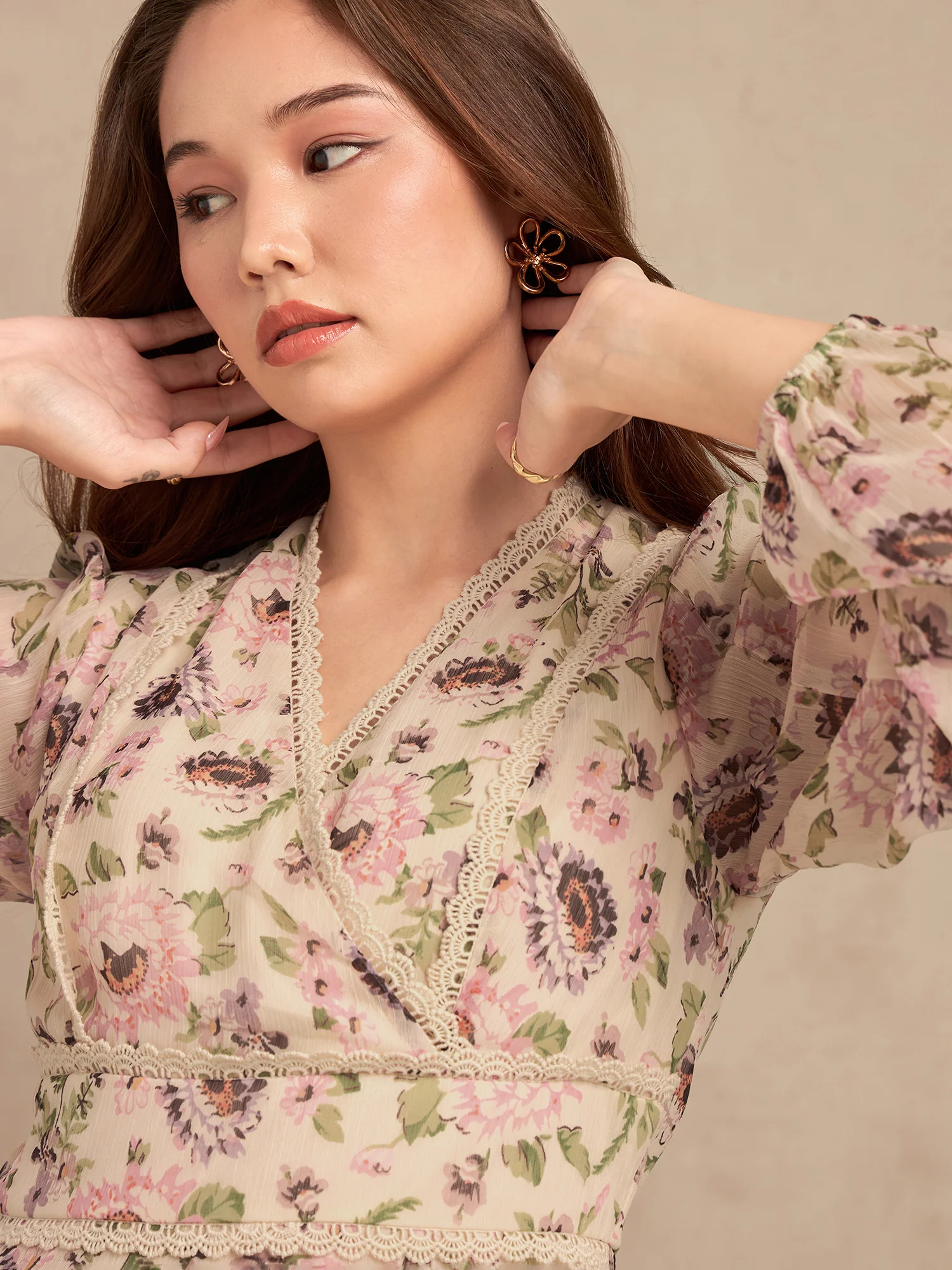 Multi Floral Printed Dress With Lace Detailing - Image 2