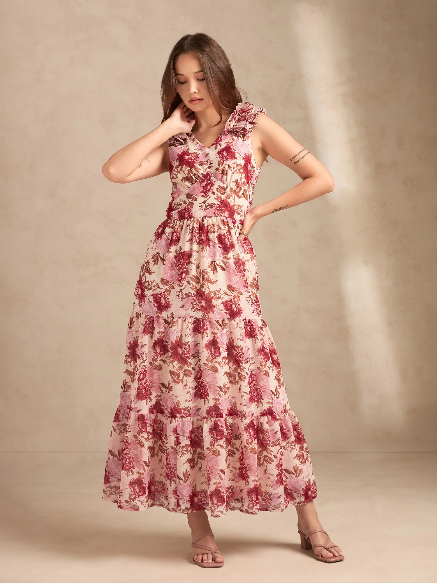 Multi Floral Printed Maxi Dress With Ruffle Detailing - Image 2