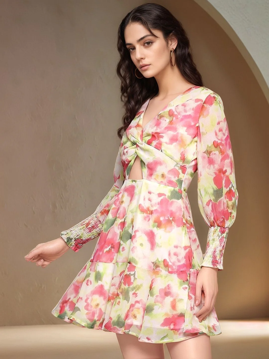 Multi Full Sleeve Floral Printed V Neck Waist Cut-Out Dress - Image 3