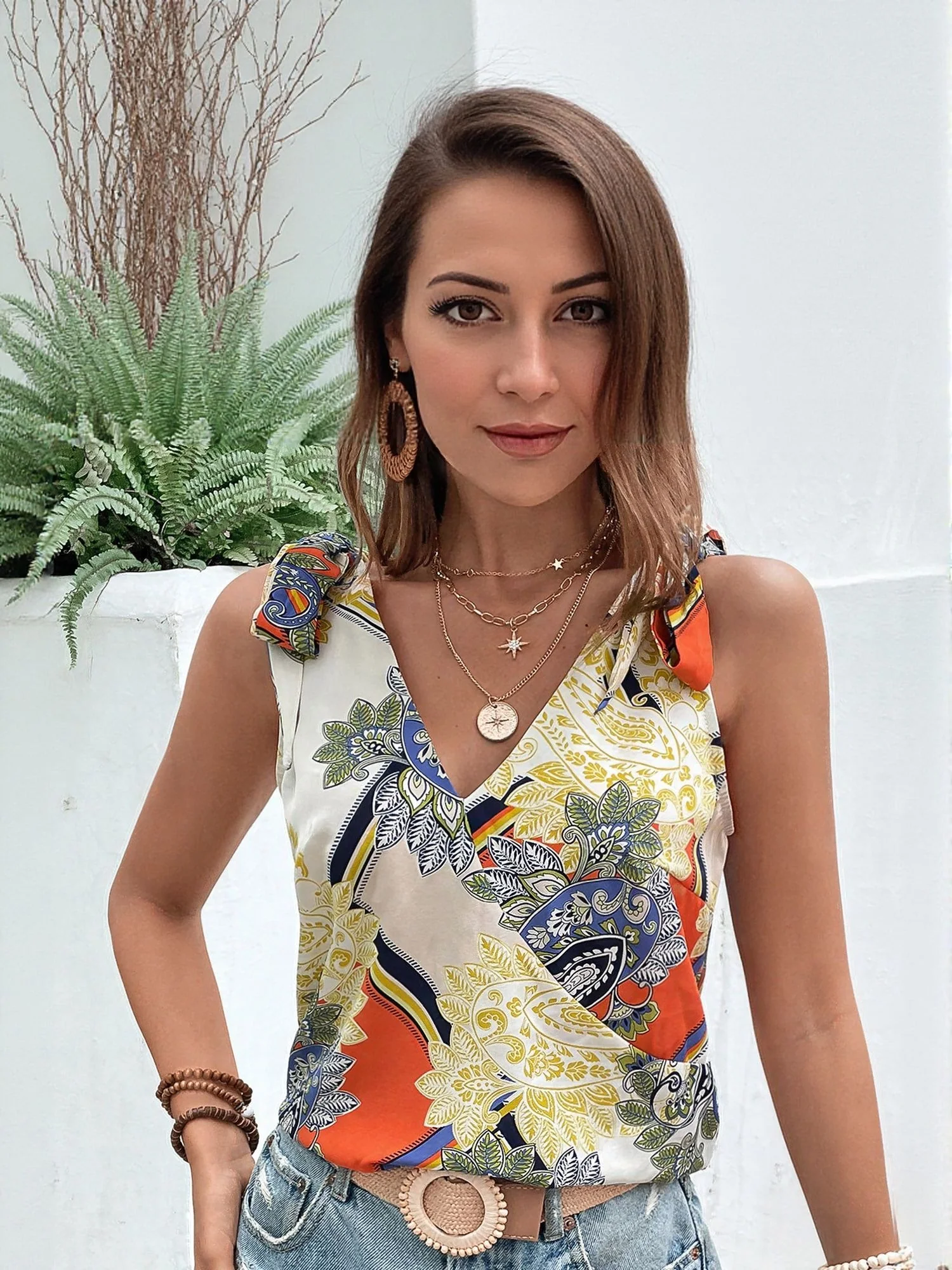 Multi V Neck Top With Tie Up Detail - Image 2