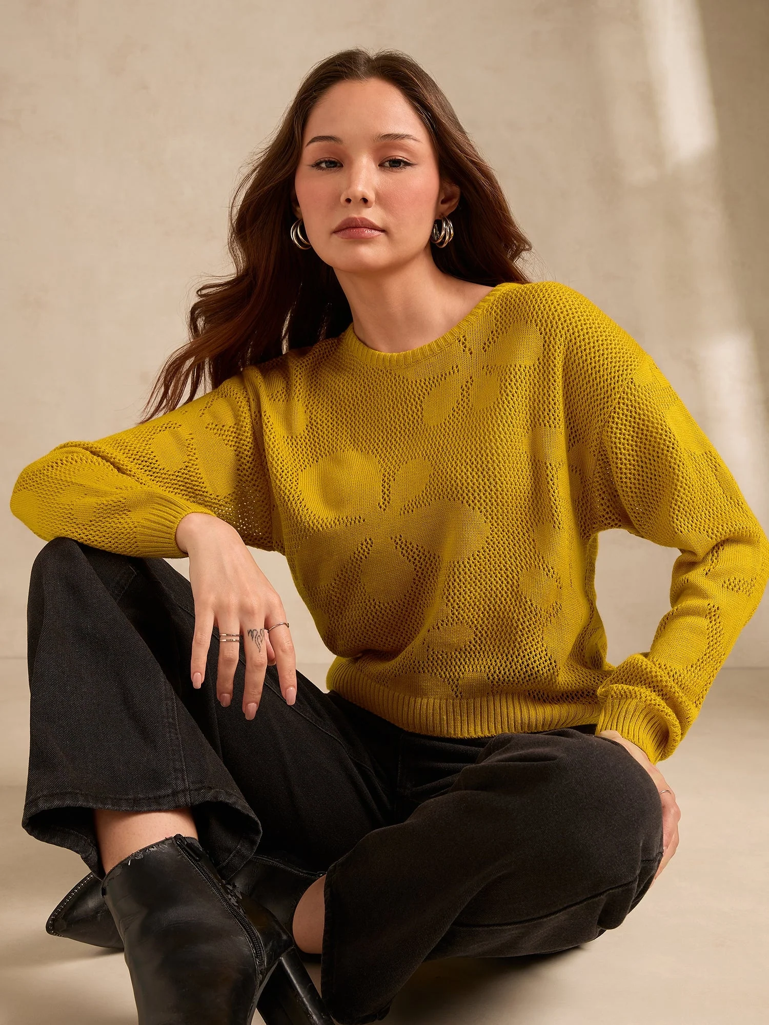 Mustard Bold Floral Print Sweater