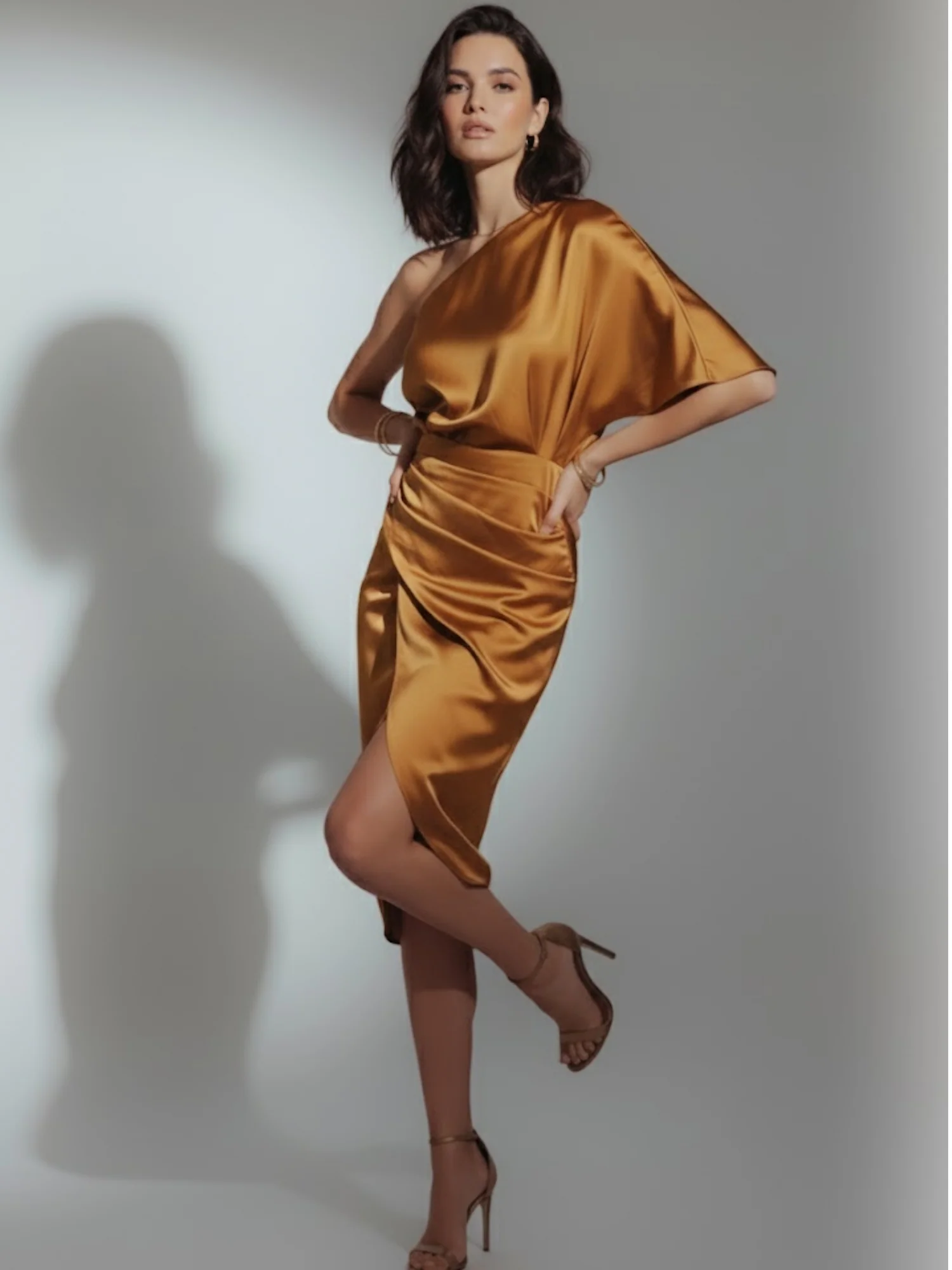 Mustard One Shoulder Sleeve Asymmetrical Dress - Image 3