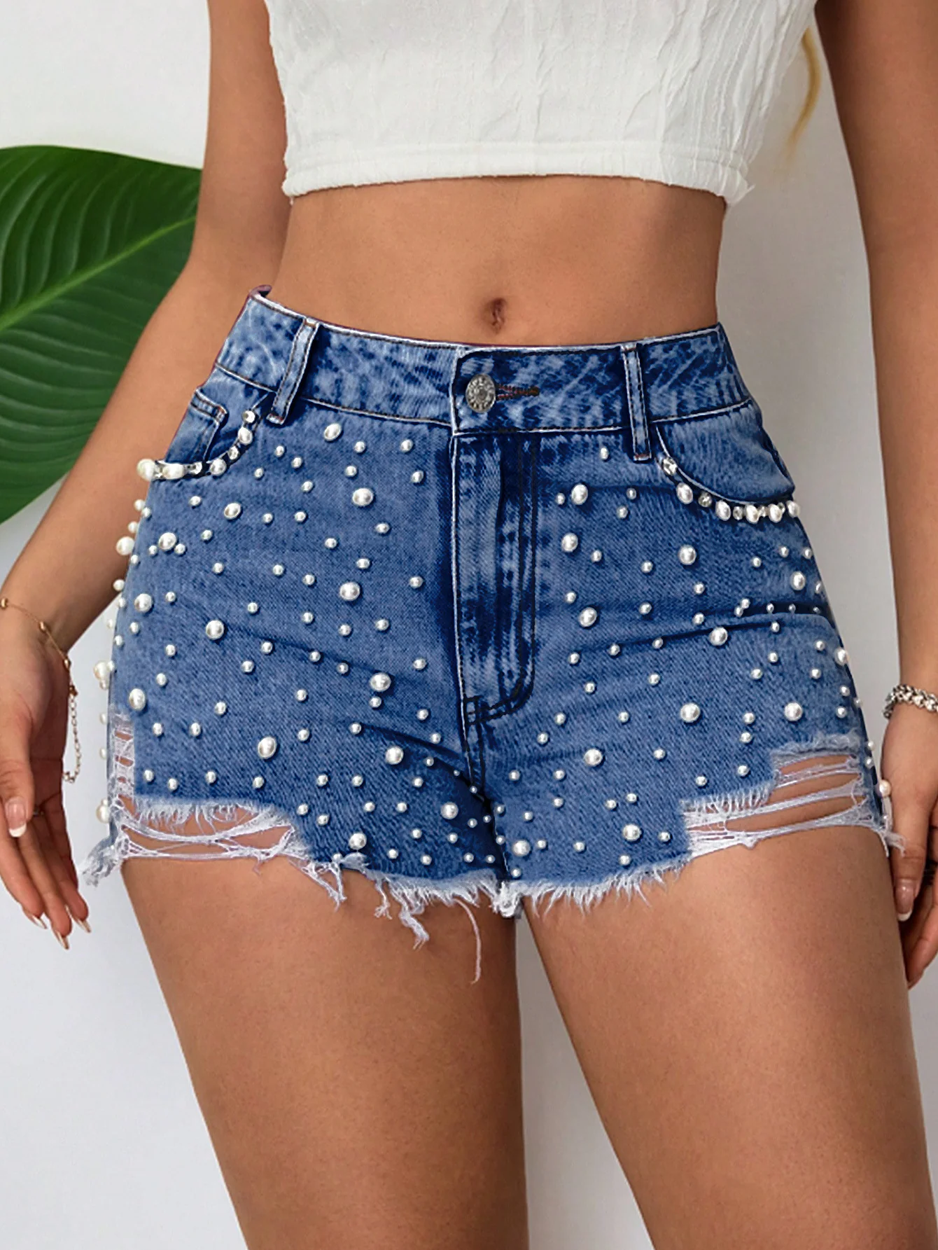 Embellished Distressed Denim Shorts - Image 4