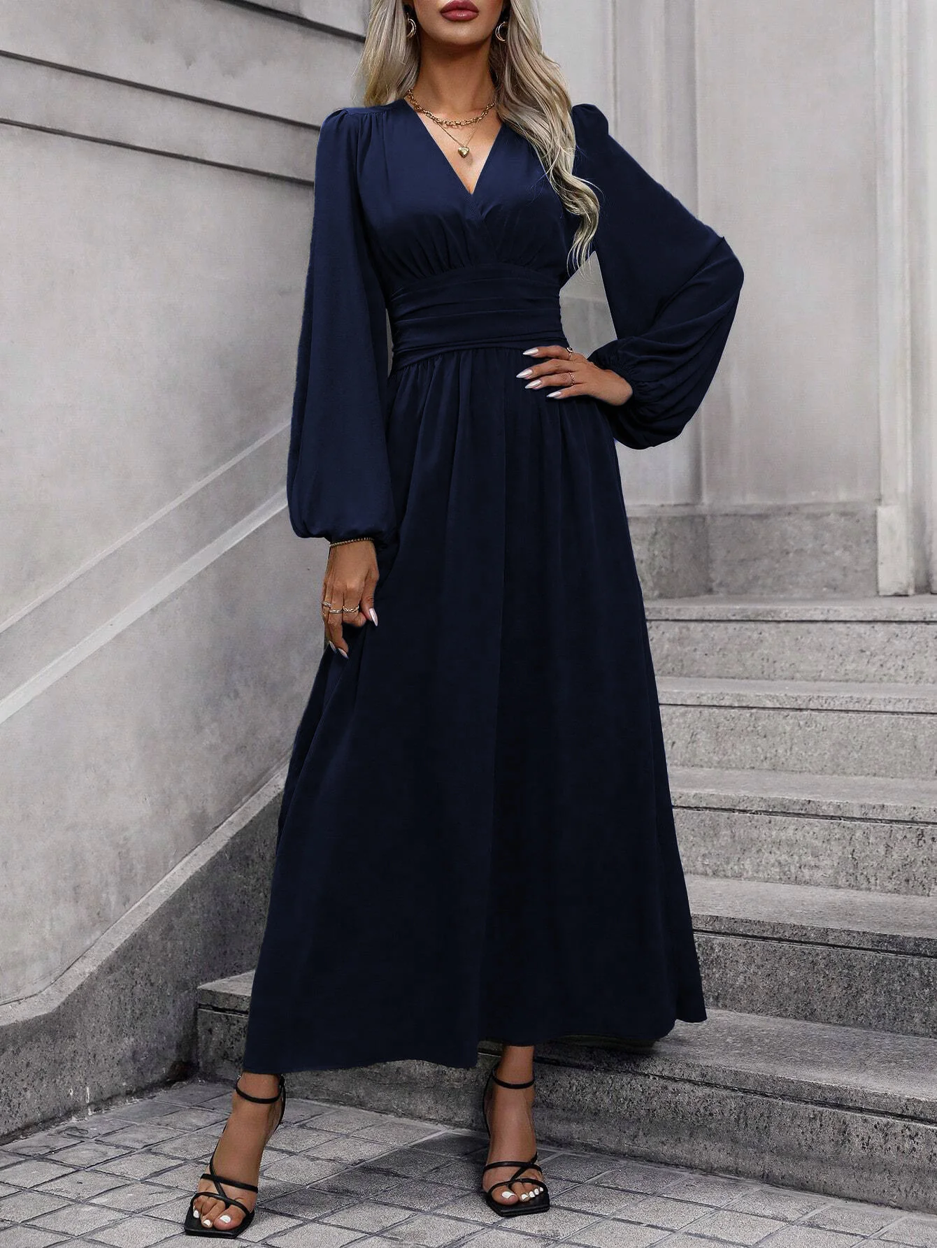 Navy Bishop Sleeve V Neck Flared Side Slit Dress