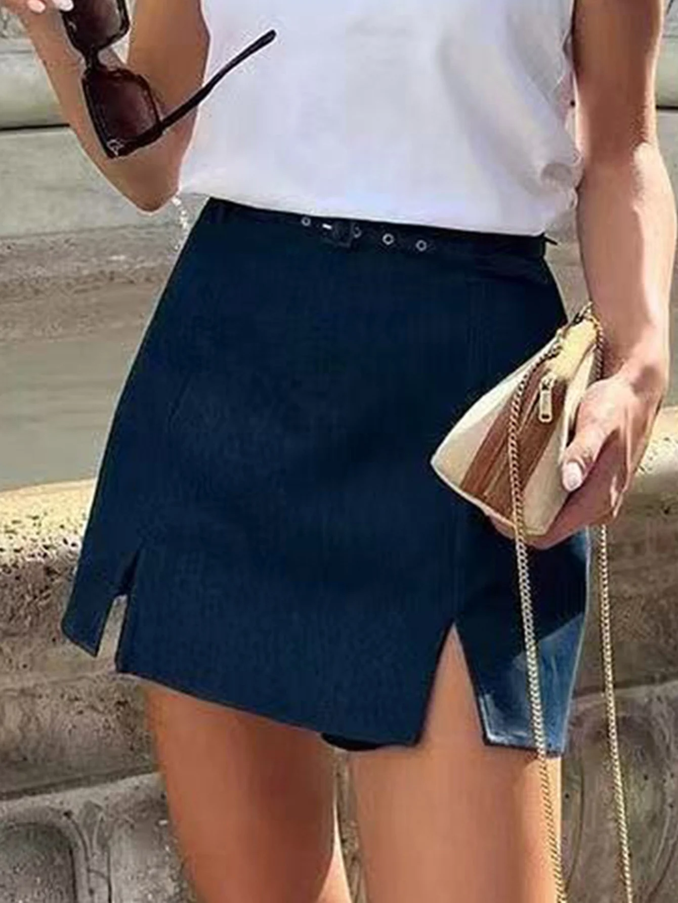 Navy Blue A-Line Skirt With Small Slit Detailing - Image 3