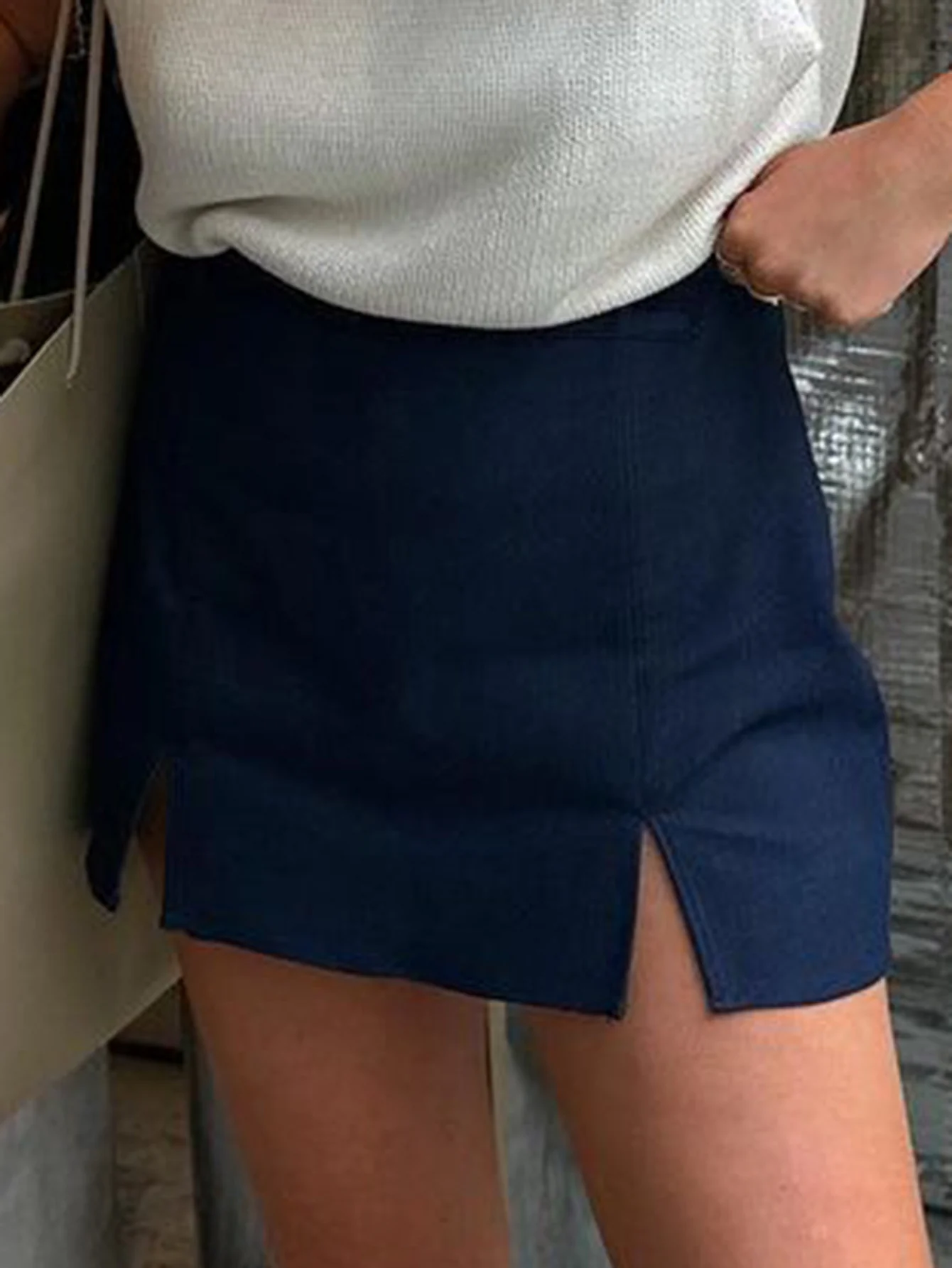 Navy Blue A-Line Skirt With Small Slit Detailing - Image 4