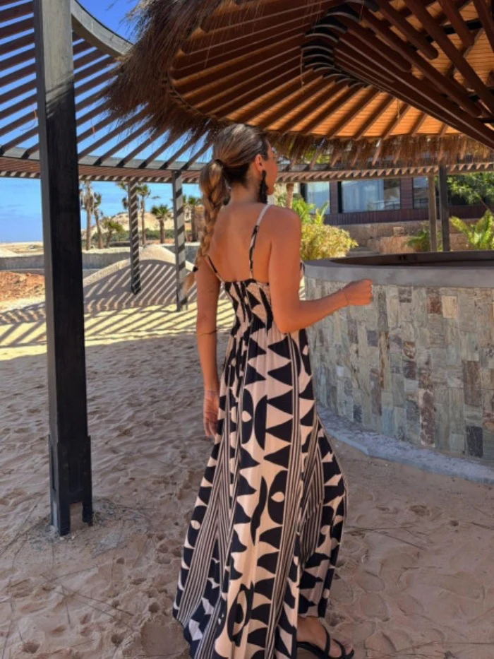 Navy Blue Abstract Print Sleeveless Plunging Neck Dress - Image 2