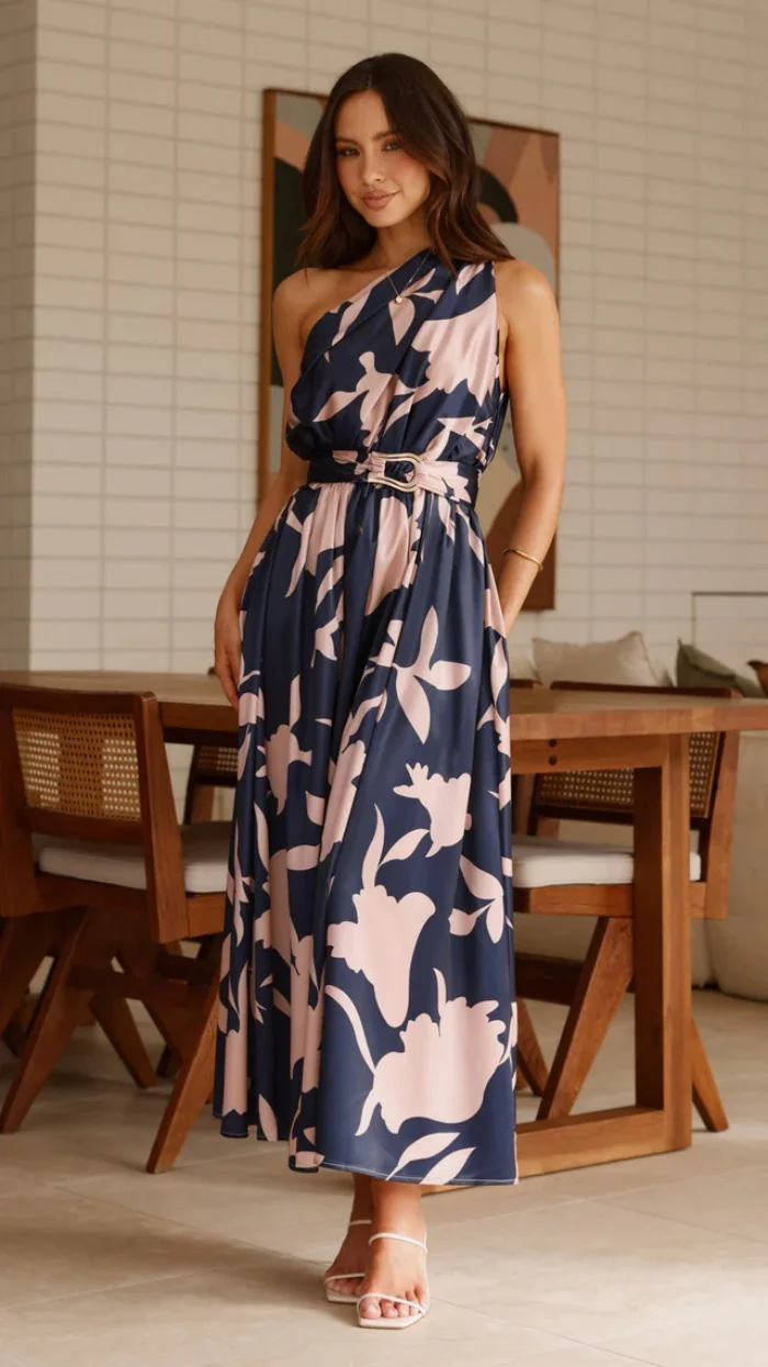 Navy Blue Abstract Printed One Shoulder Dress