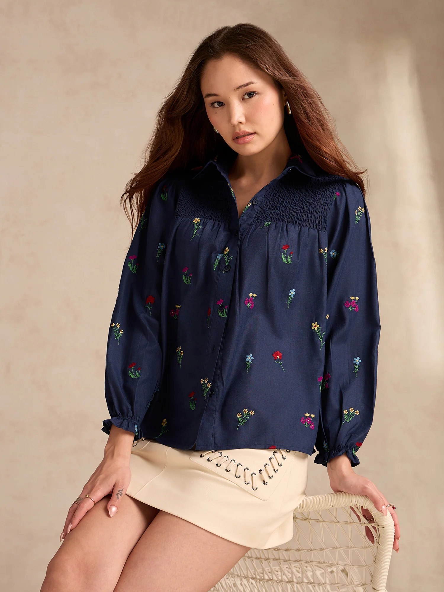Navy Blue All-over Embroidered Blouse With Smocked Yoke Detail - Image 4