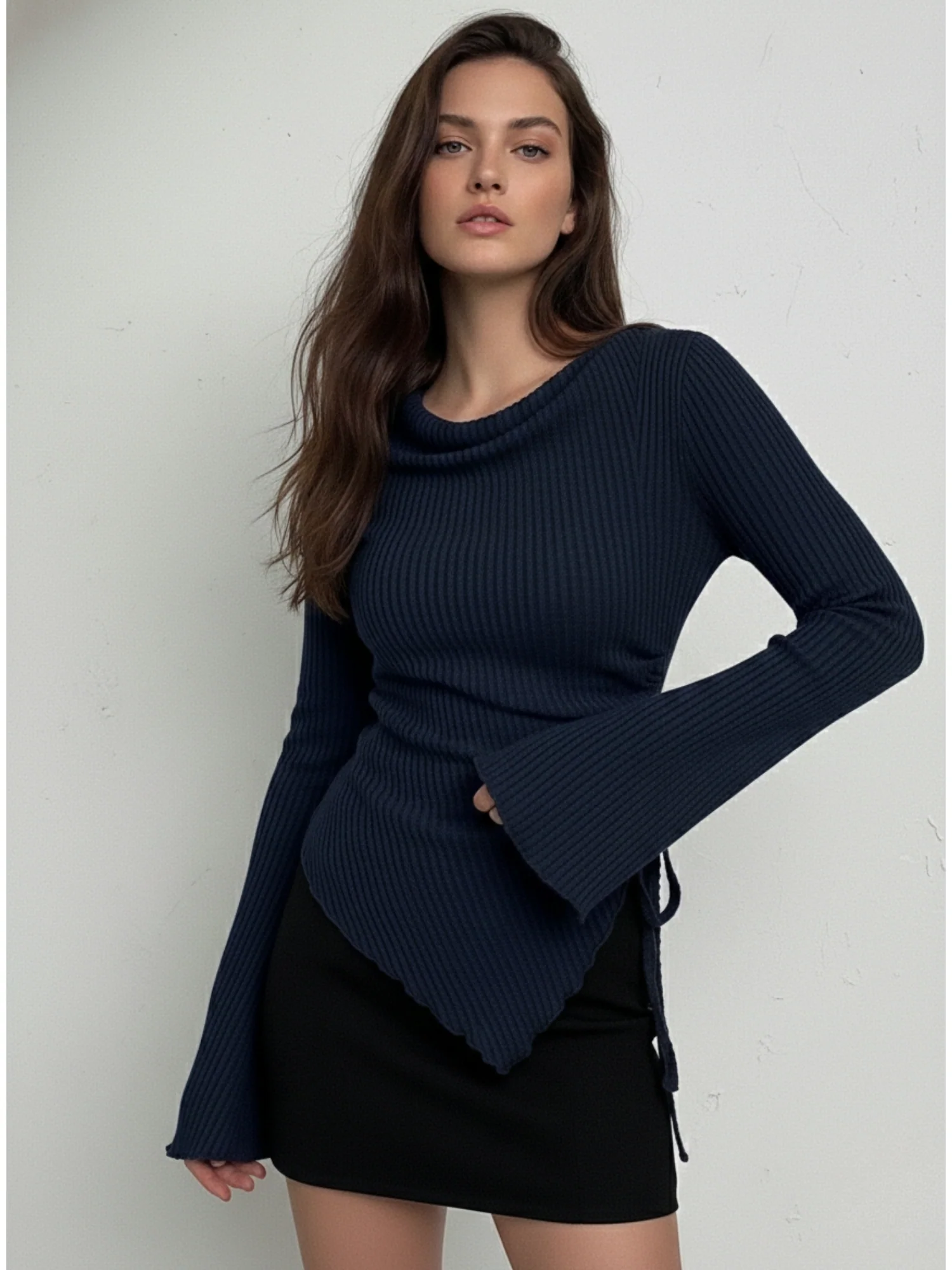 Navy Blue Asymmetric Hem Side Ruched Top - Image 2