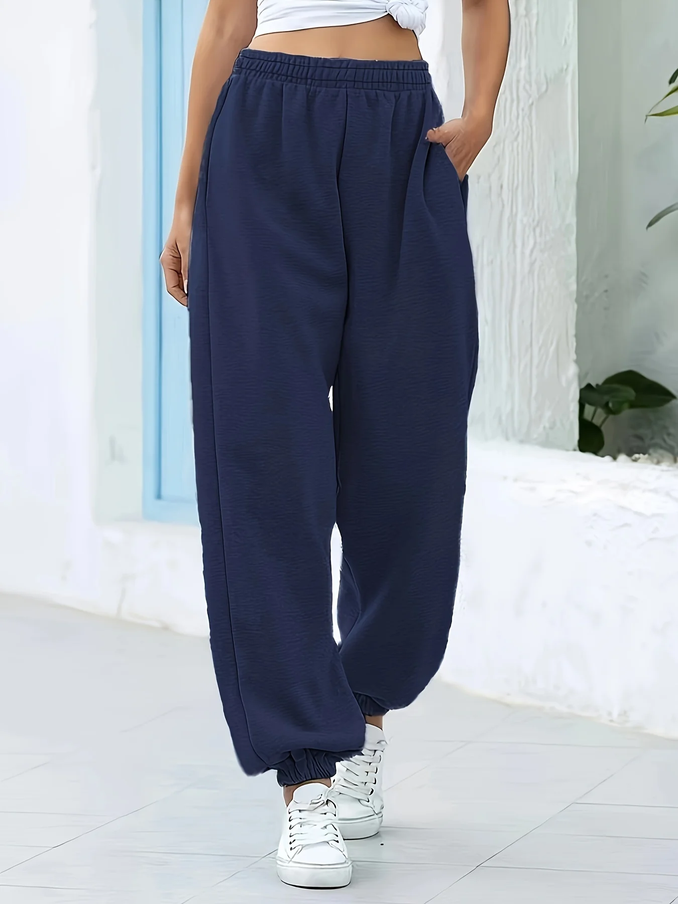 Navy blue Basic Solid Elasticated Joggers