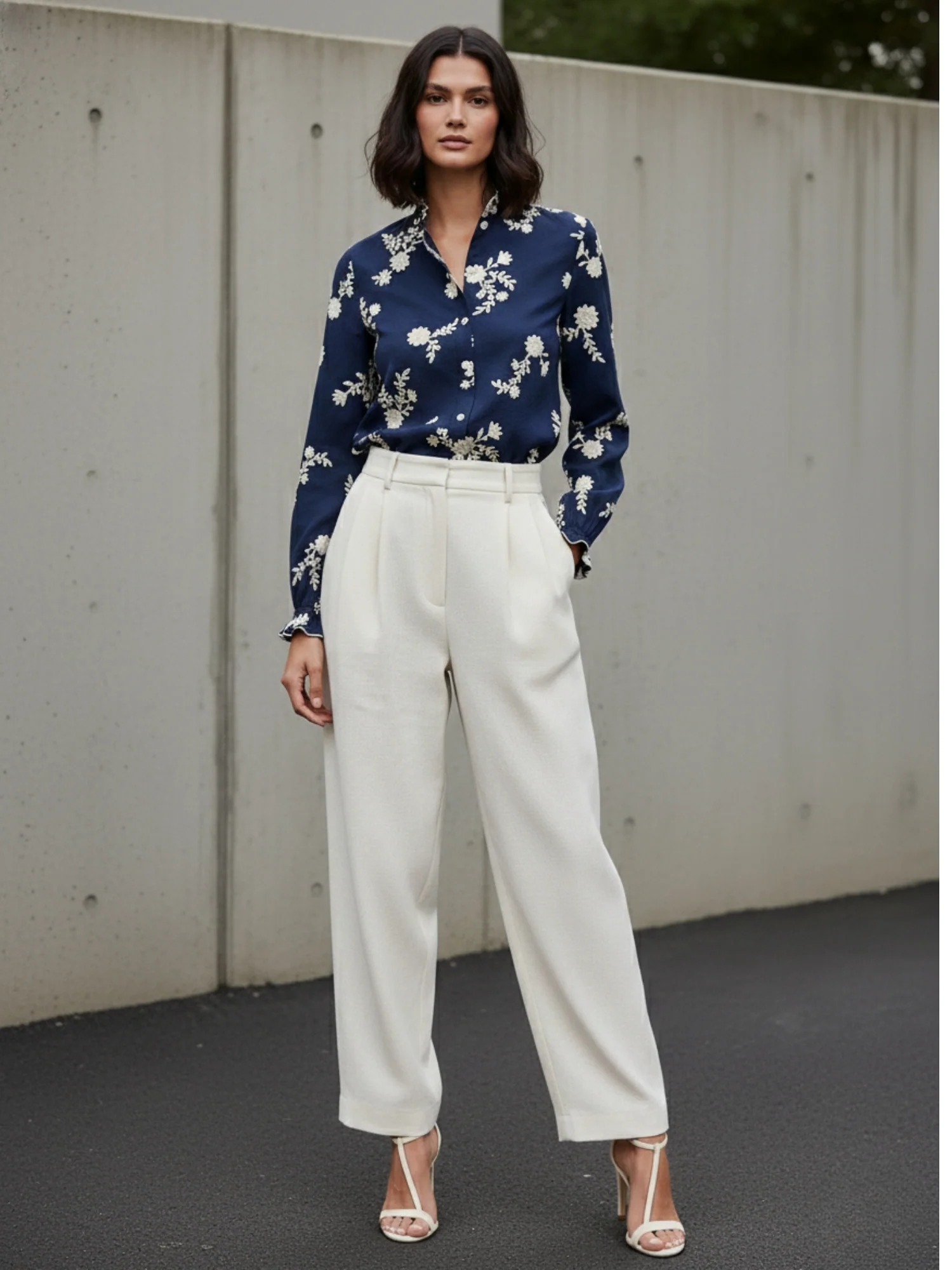 Navy Blue Bishop Sleeve Front Buttoned Embroidered Top - Image 3