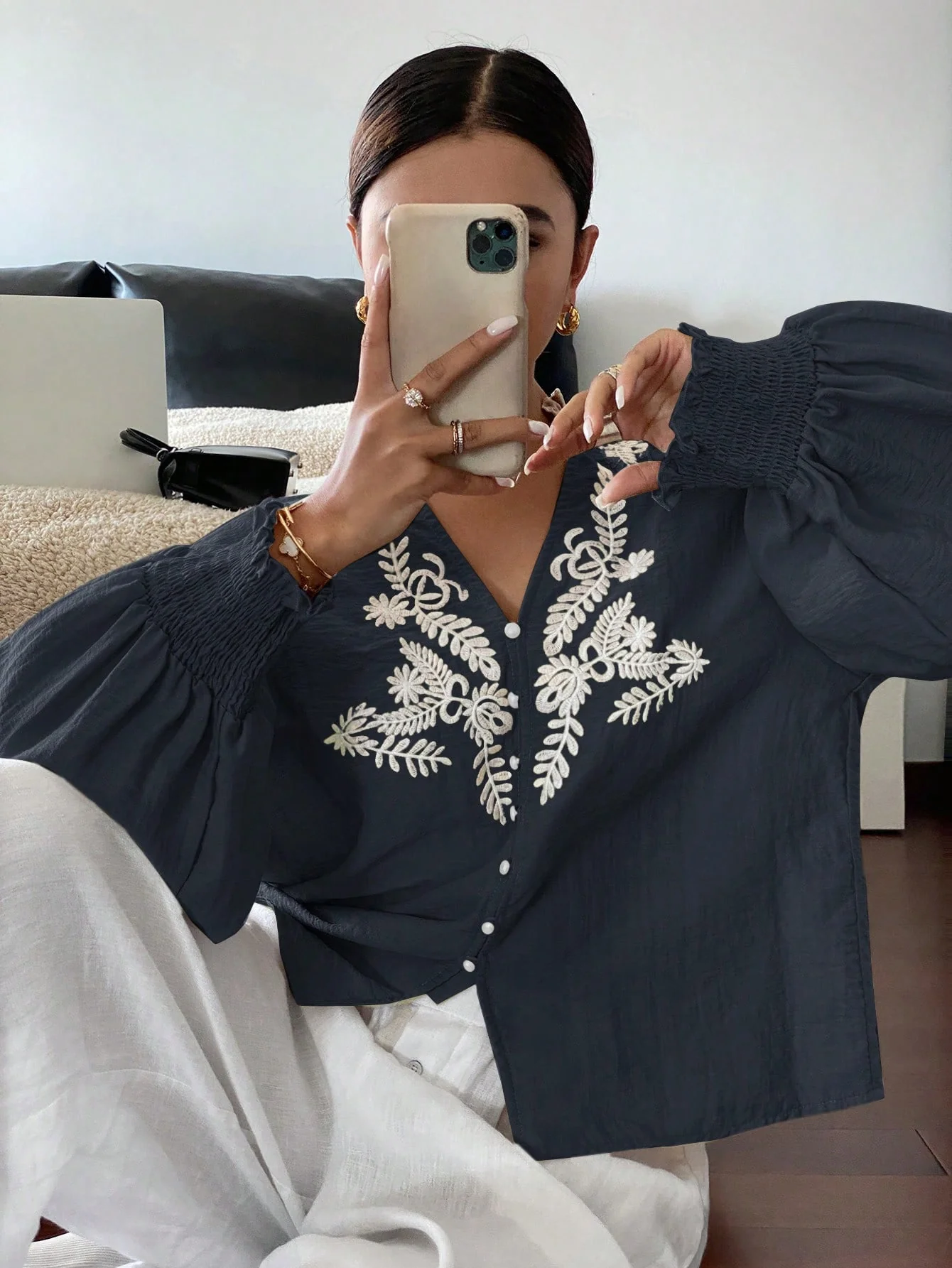 Navy Blue Bishop Sleeve V Neck Embroidered Top - Image 2
