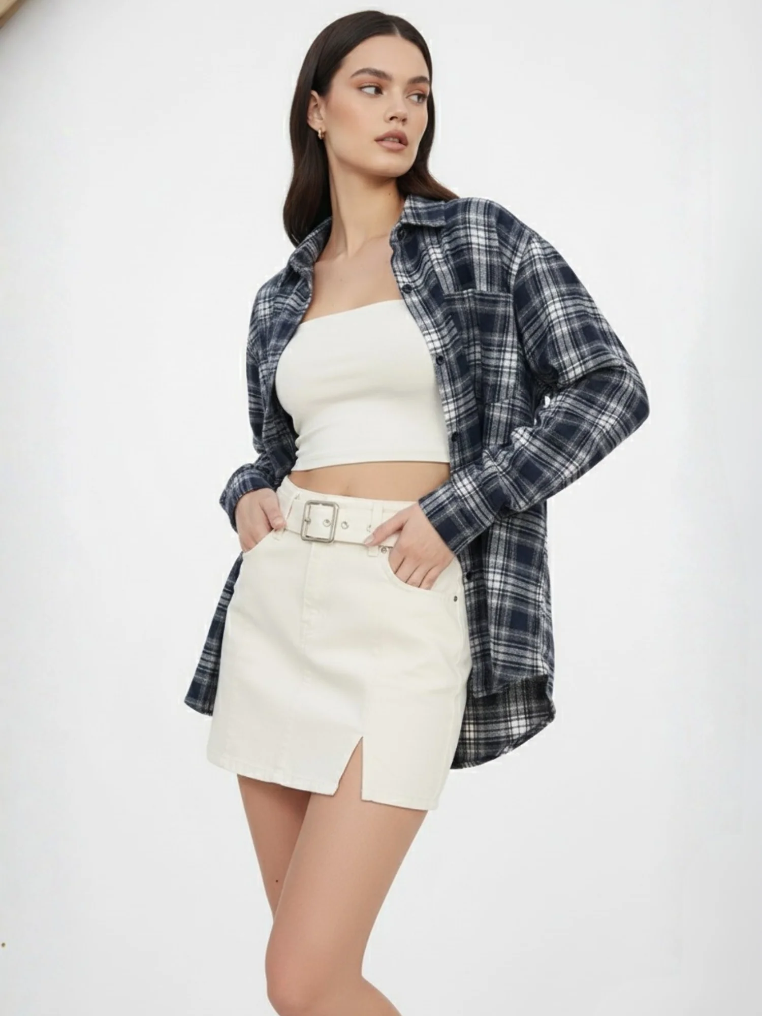 Navy Blue Checkered Front Buttoned Shirt - Image 3