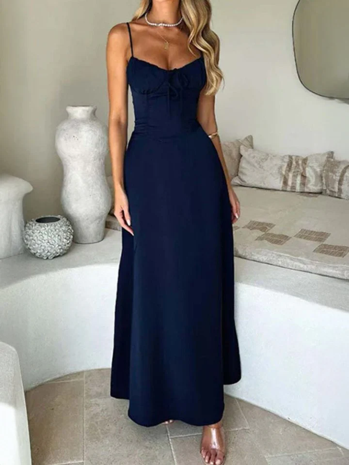 Navy Blue Cinched Waist Solid Fit & Flare Dress - Image 2