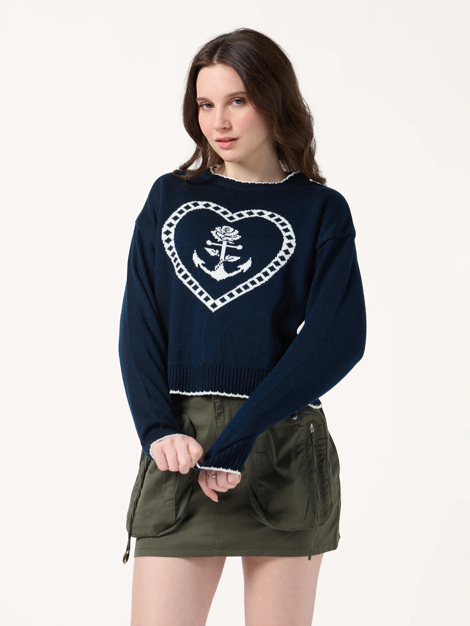 Navy Blue Contrast Stitch Hem And Neck With Graphic Sweater - Image 5