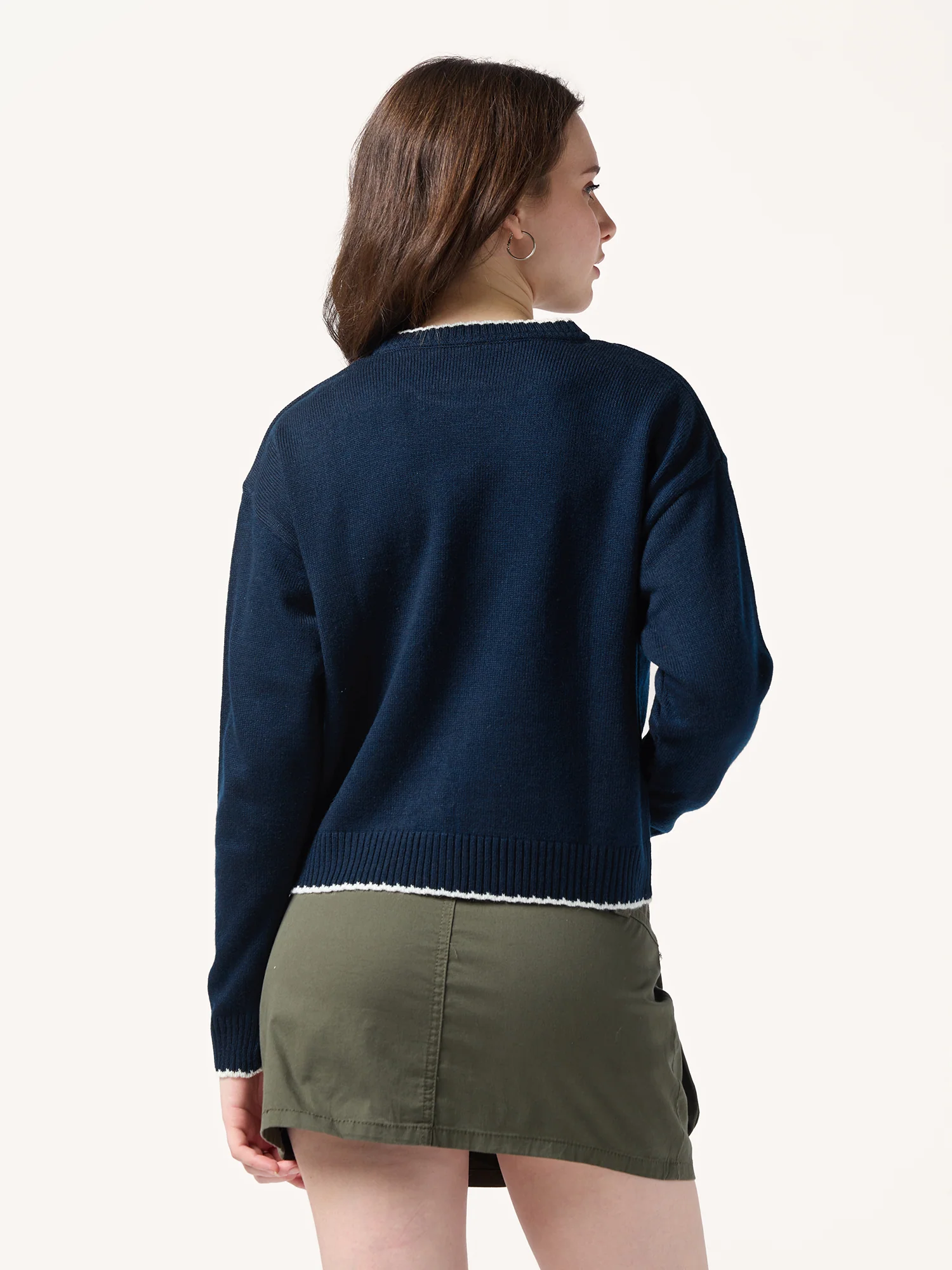 Navy Blue Contrast Stitch Hem And Neck With Graphic Sweater - Image 6