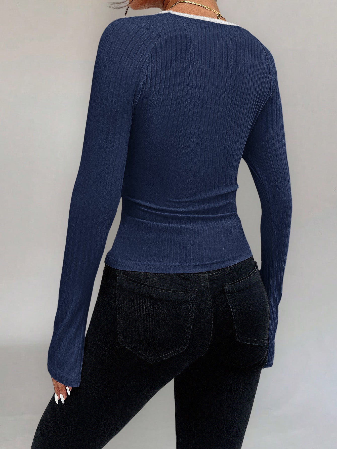 Navy Blue Contrast Tipping Neck Top - Image 2