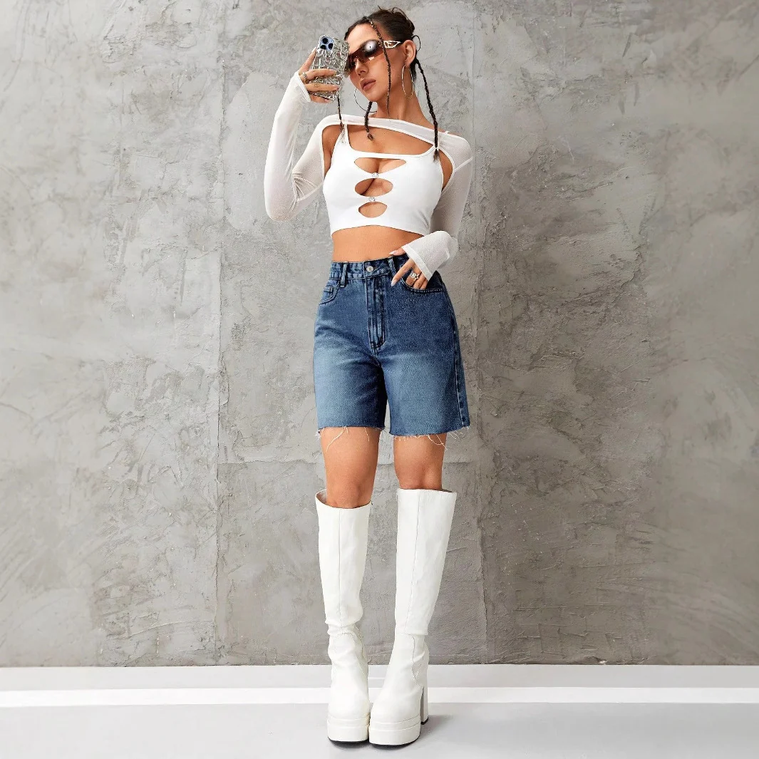 Navy Blue Denim Shorts With Freyed Hem - Image 2