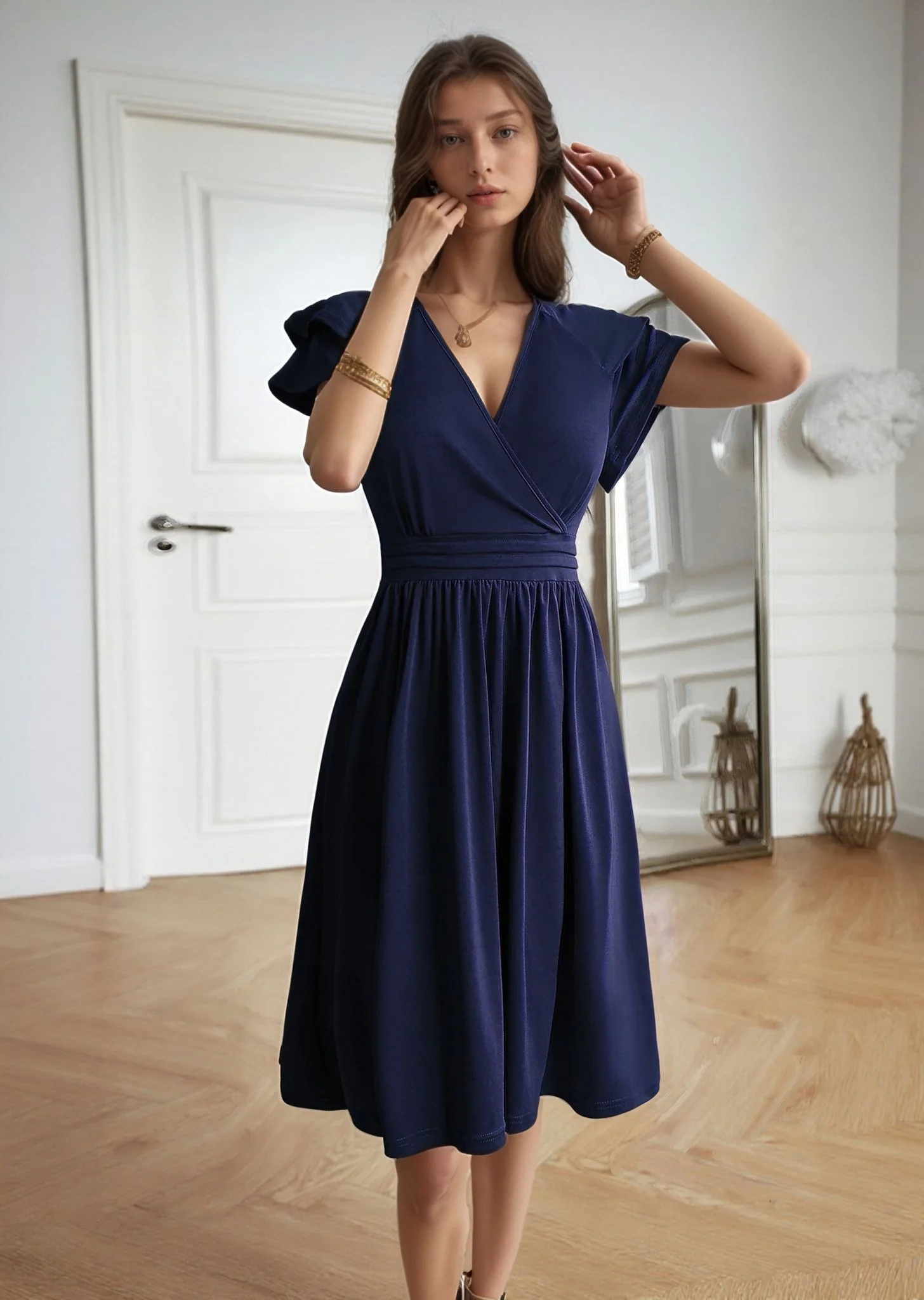 Navy Blue Fit And Flare Mini Dress With Wrap - Image 2