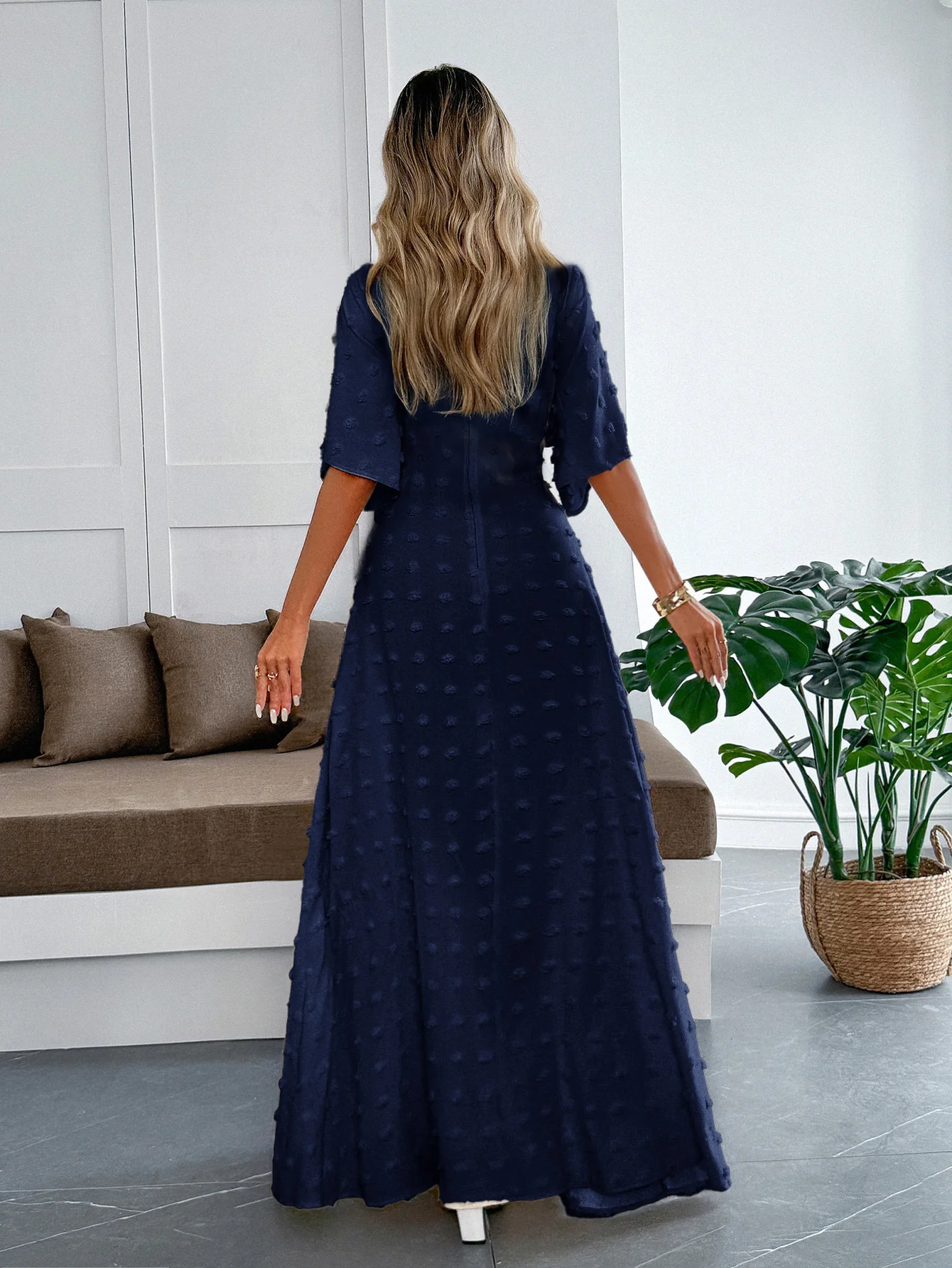 Navy Blue Flare Sleeve V Neck Dress - Image 2