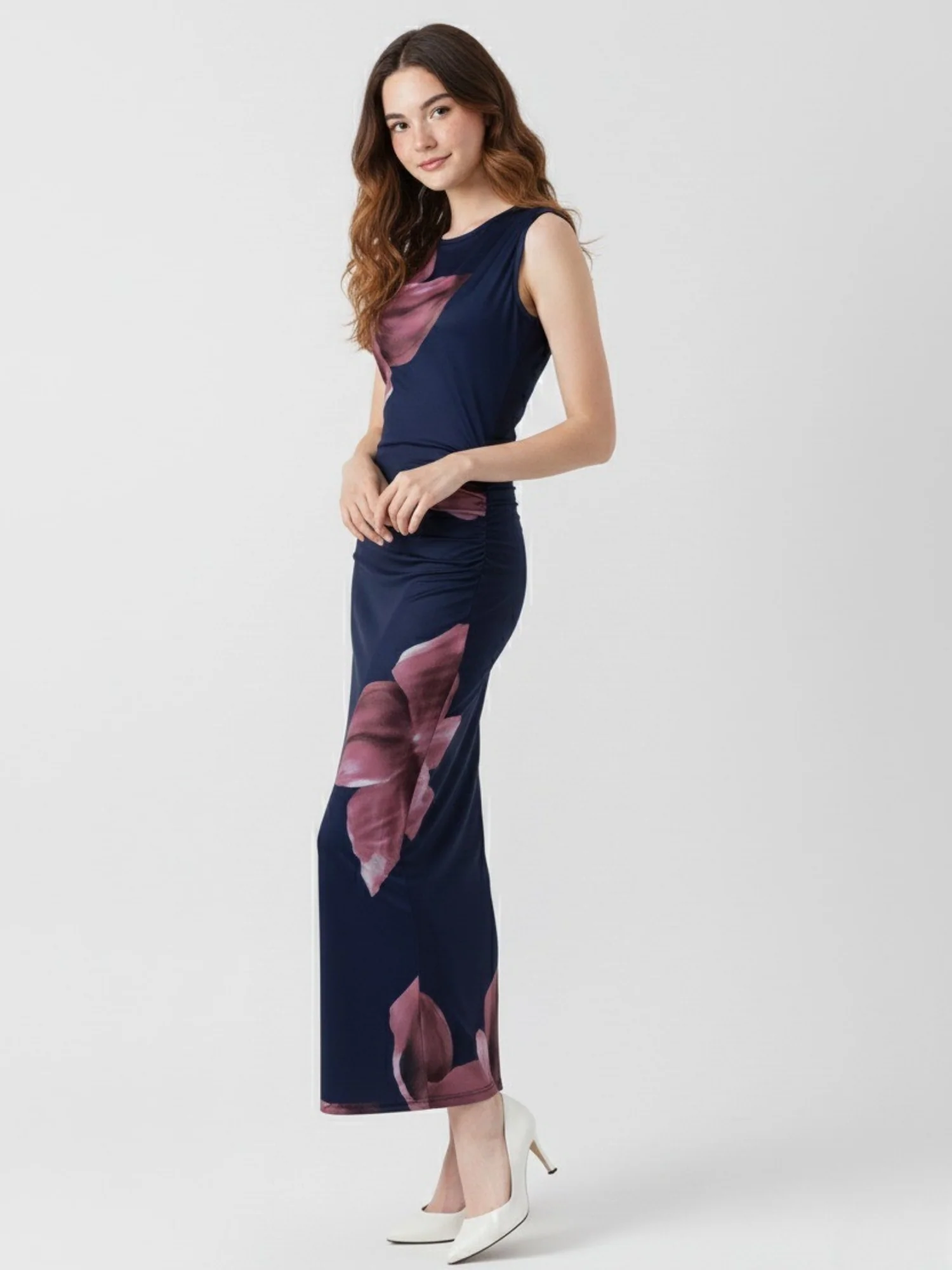 Navy blue Floral Printed Fitted Dress - Image 3