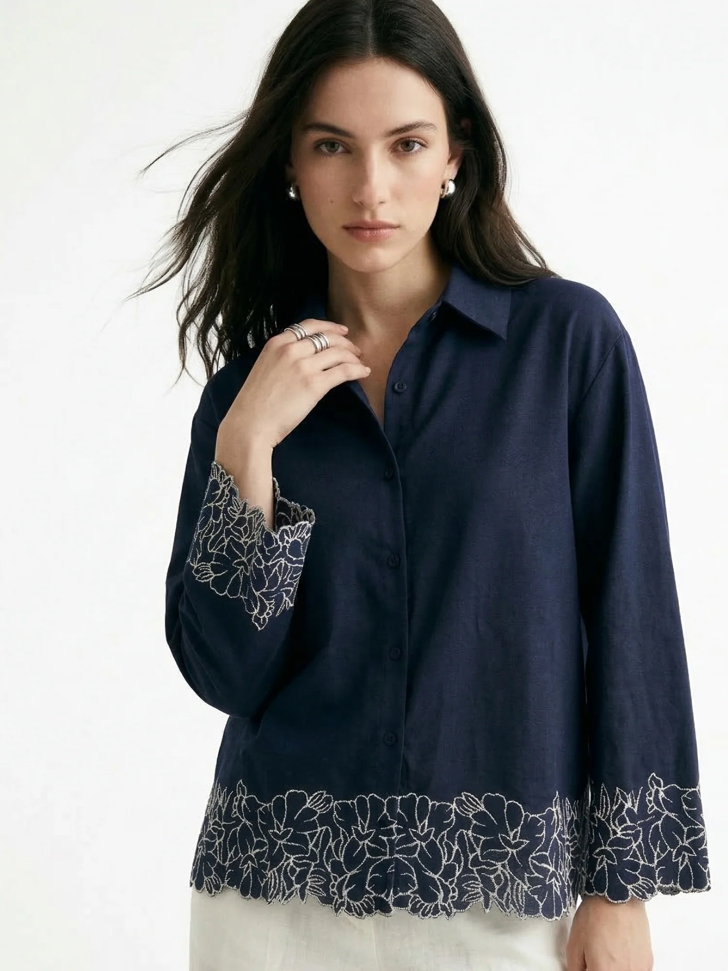 Navy Blue Flower Appliqued Front Buttoned Shirt - Image 2