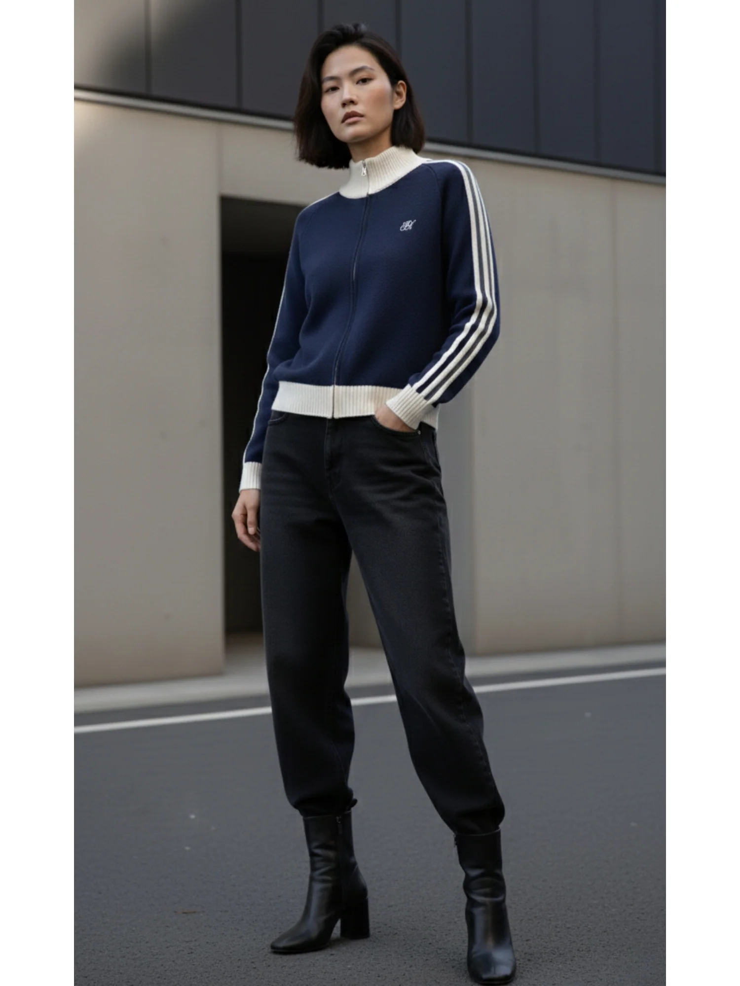 Navy Blue Full Contrast Sleeves Front Zip Jackets - Image 2