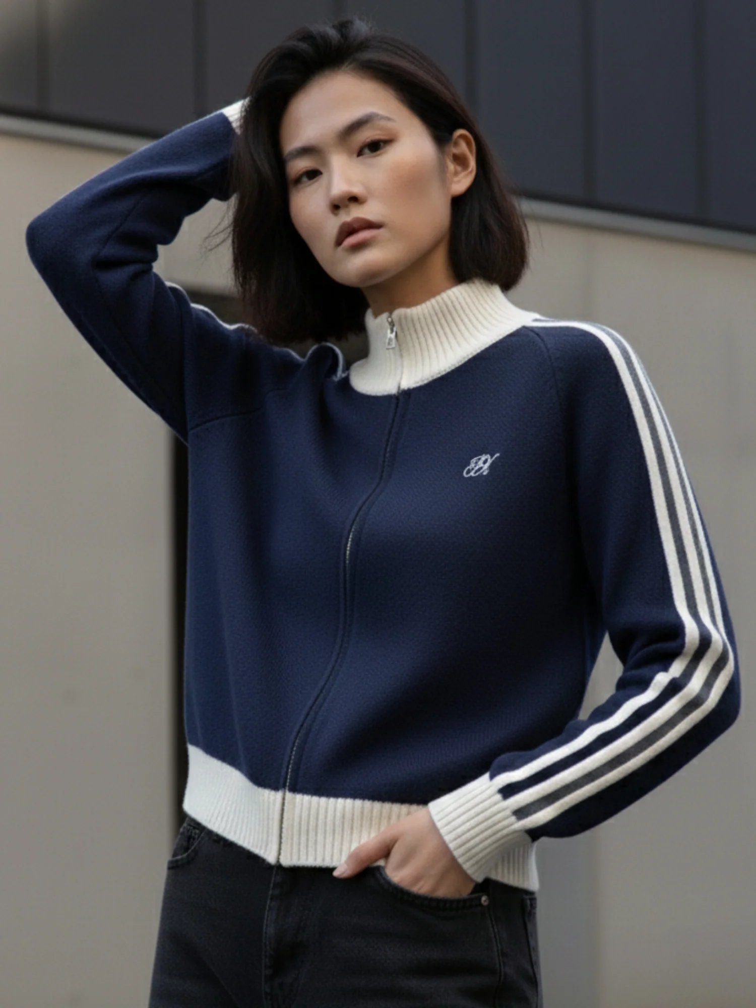 Navy Blue Full Contrast Sleeves Front Zip Jackets - Image 3