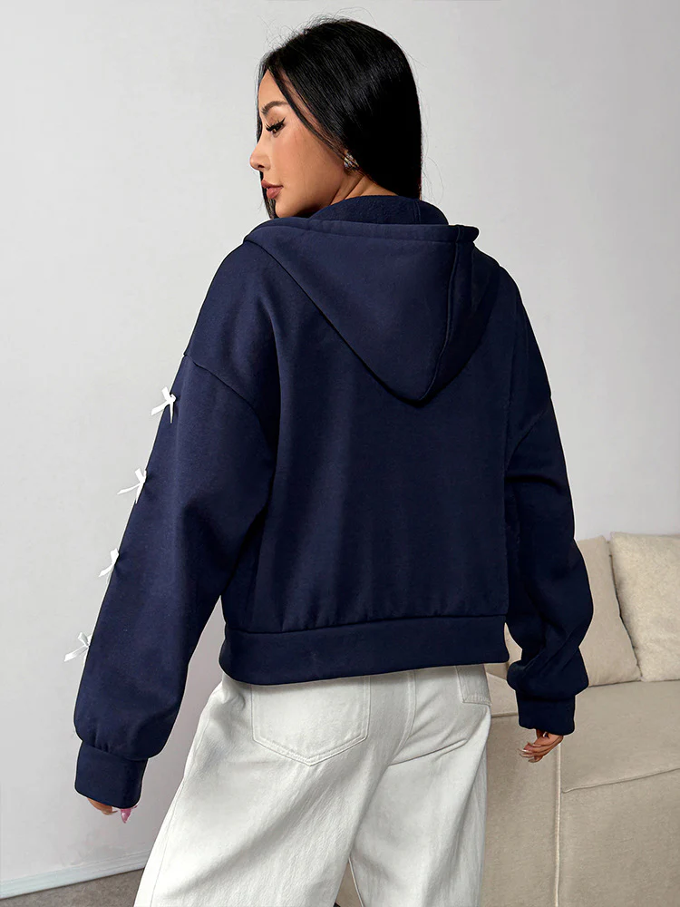 Navy Blue Full Sleeve Bow Detail Front Zip Jacket - Image 2