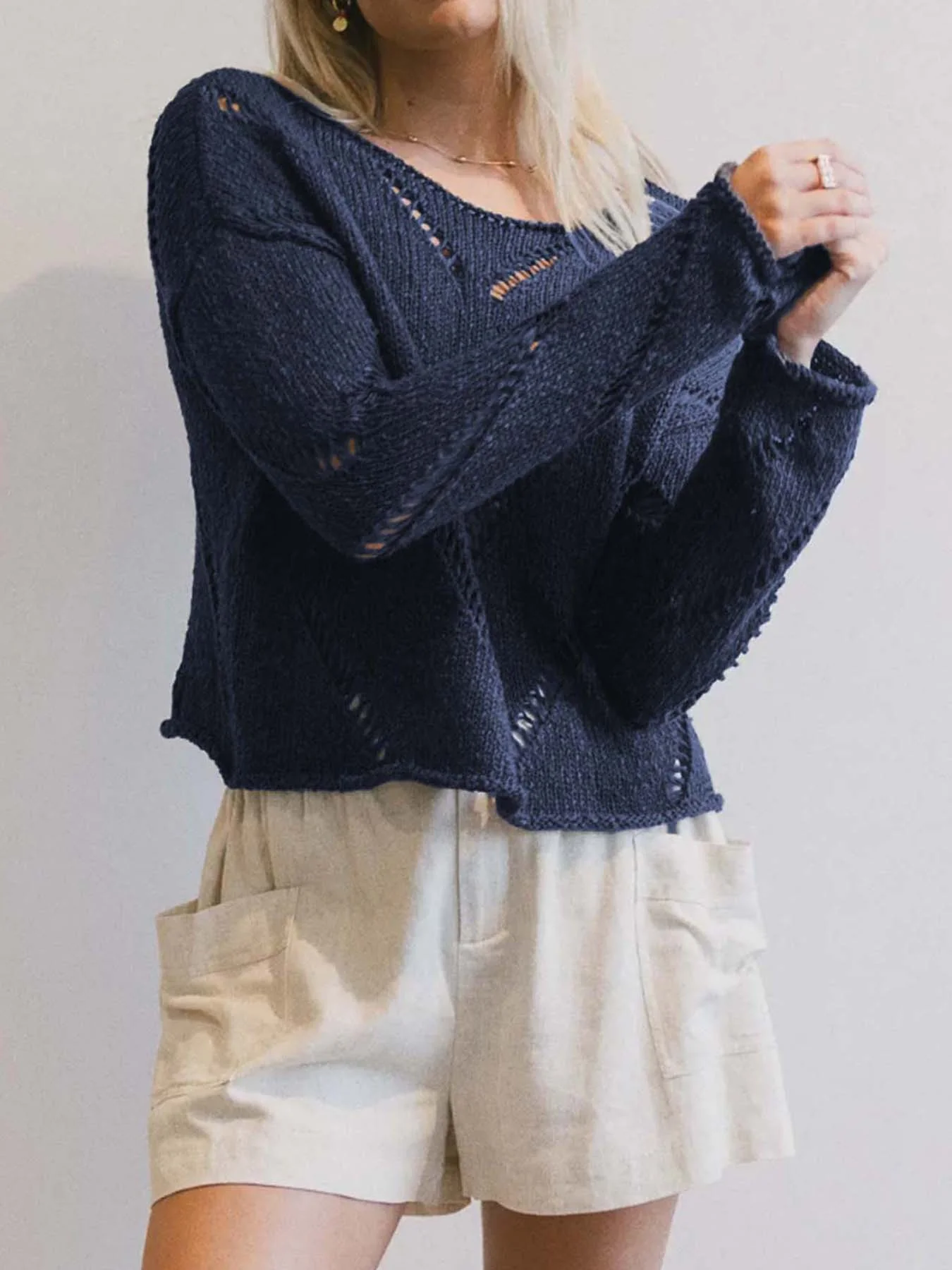 Navy Blue Full Sleeves Textureed Sweaters - Image 4